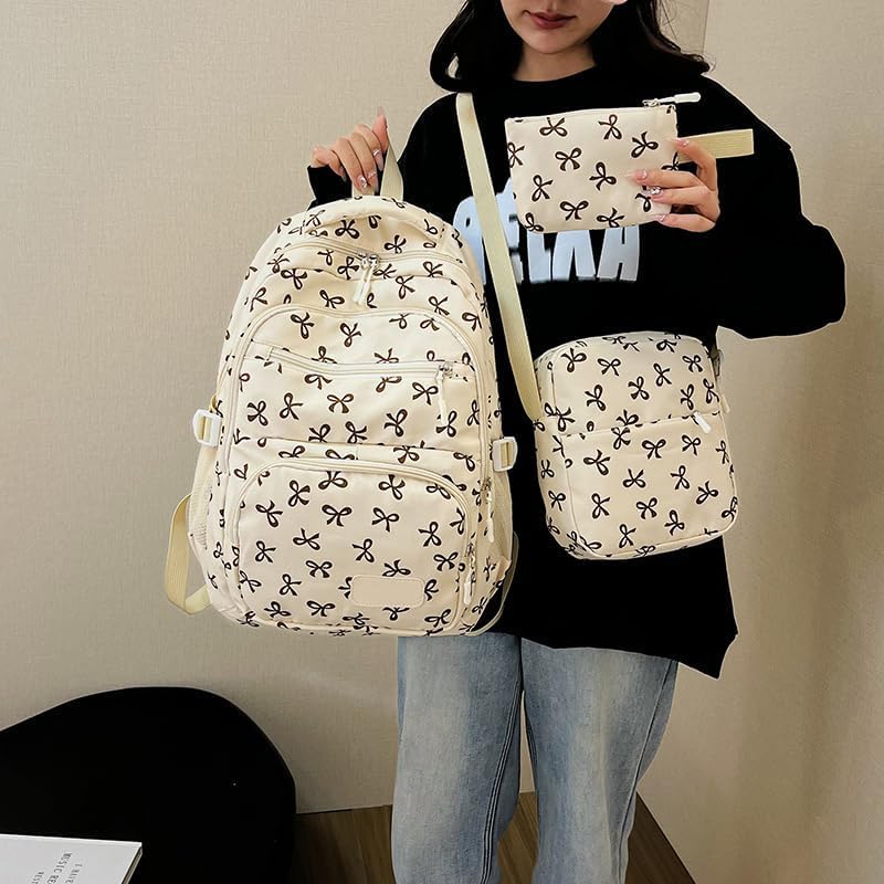 Bow Backpack for Women, Coquette Aesthetic Nylon Rucksack, Cute Kawaii Backpack Set, Bow Rucksack (White)2