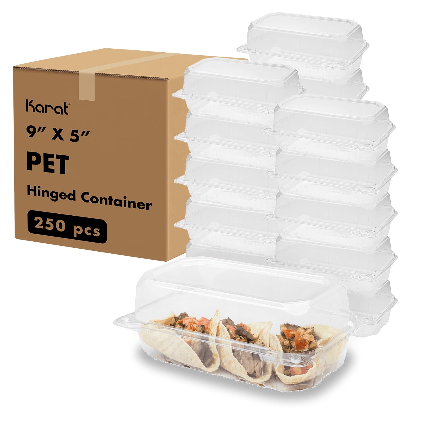 KaratClamshell Take Out Food Containers [9"x5" - 250 ct] Durable, Stackable, Crack-Resistant To Go Boxes | Clear