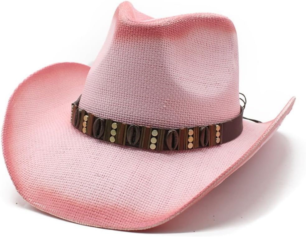 Western Cowboy Hat with Decorative Band, Beige Straw, Wide Brim