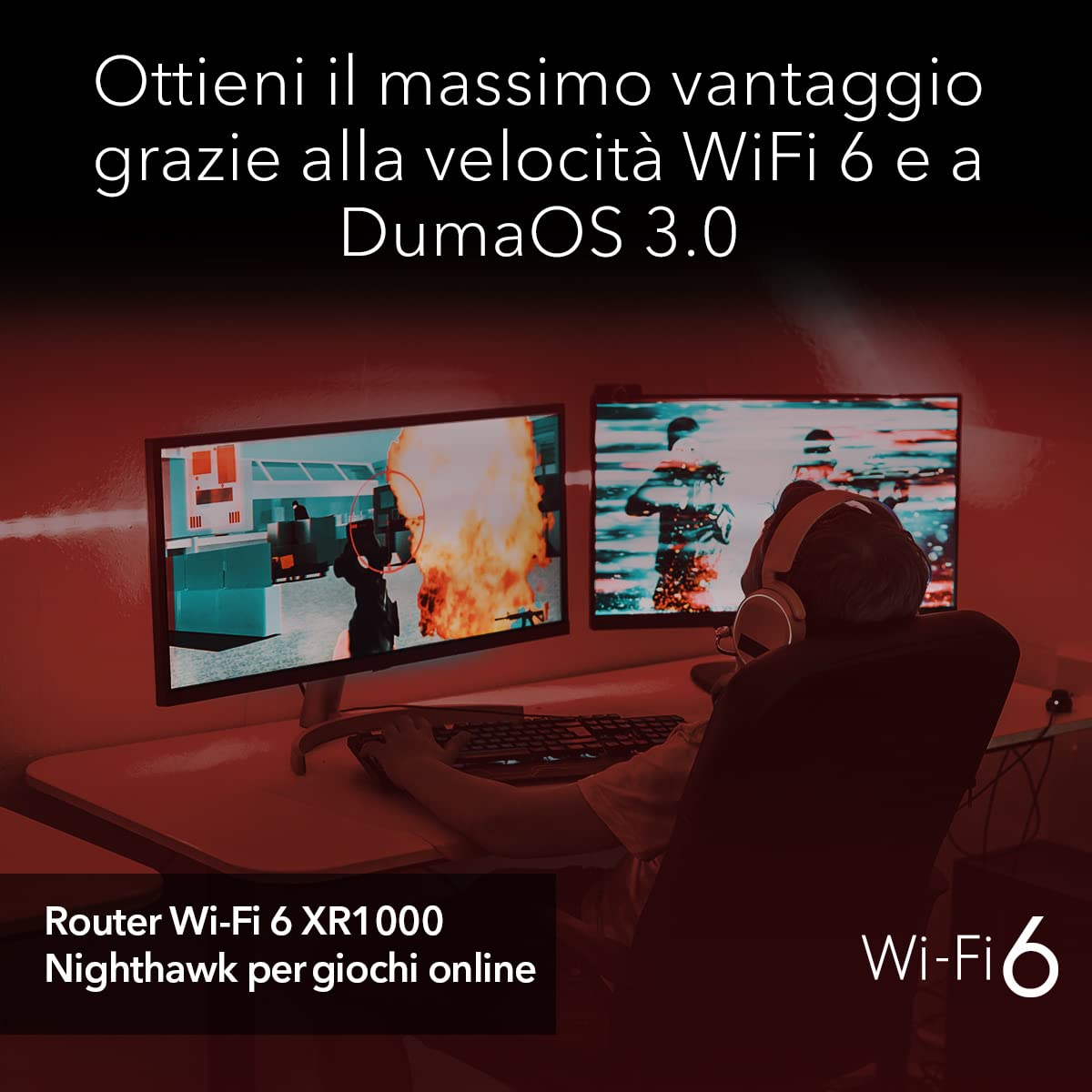 NETGEAR Nighthawk Router WiFi 6 Pro Gaming XR1000, Velocità wireless AX5400 (fino a 5,4 Gbps), DumaOS 3.0 ottimizza le connessioni server eliminando i ritardi, 4 porte Ethernet da 1G e 1 porta USB 3.0
