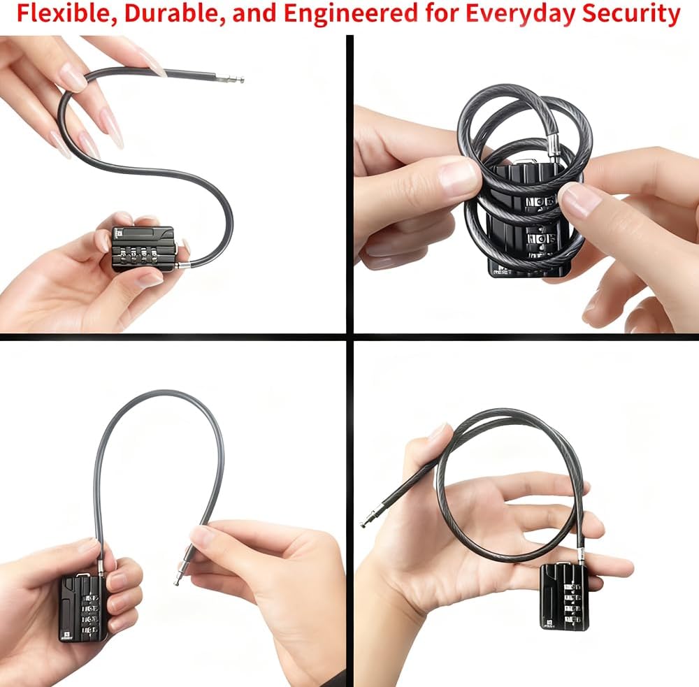 RESET-201 4 Digit Combination Padlock, 12 in 5mm Flexible Cable, 3 Pack | 12 in 30cm flexible 5mm cable for trash cans, lockers, helmets and storage boxes. Light-duty 4 digit lock.