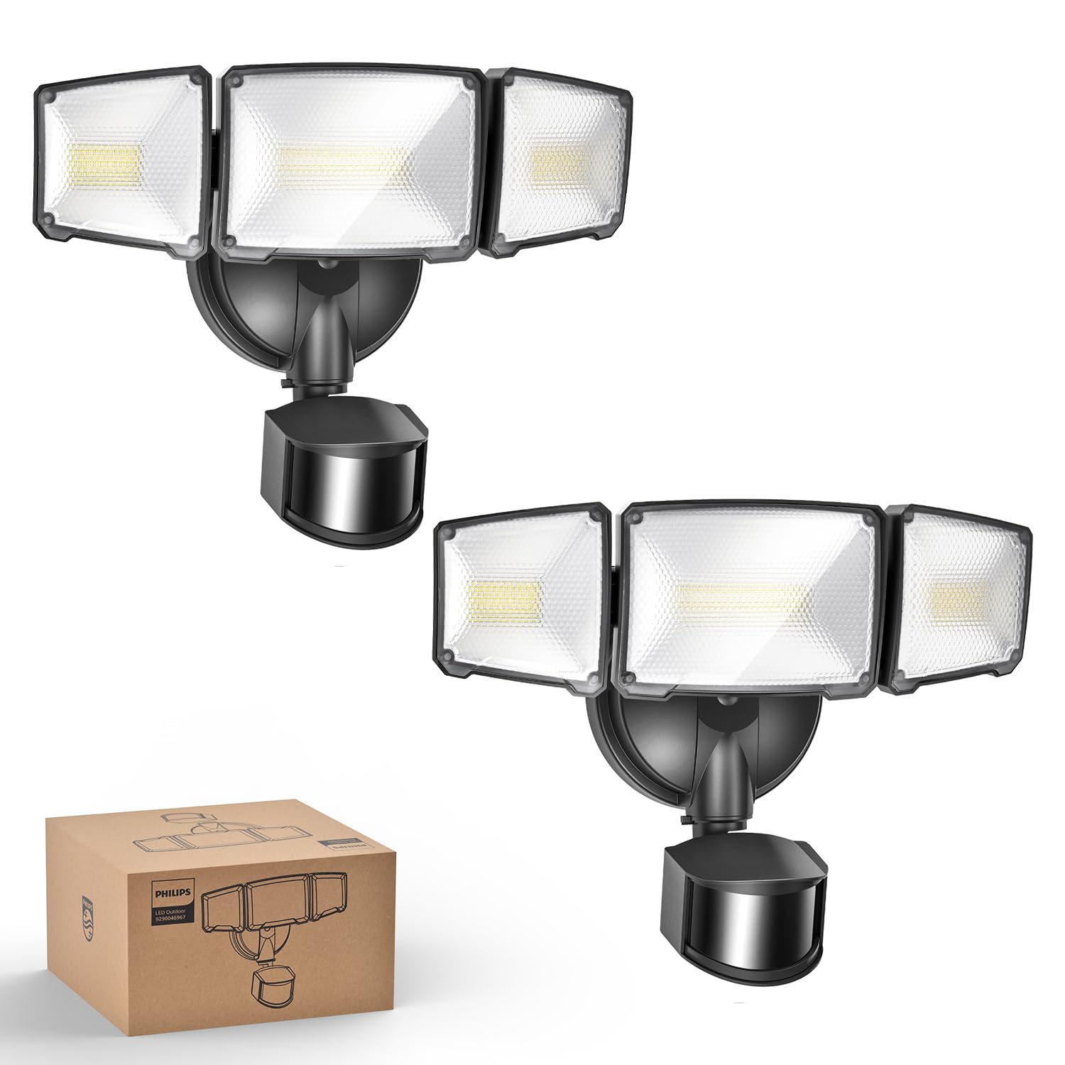 Philips 72W 7400LM LED Security Lights w/PIR Motion Sensor Outdoor, 5000K Daylight Dusk to Dawn Aluminum Flood Light, 3 Adjustable Heads, Waterproof for Garage, Yard, Porch