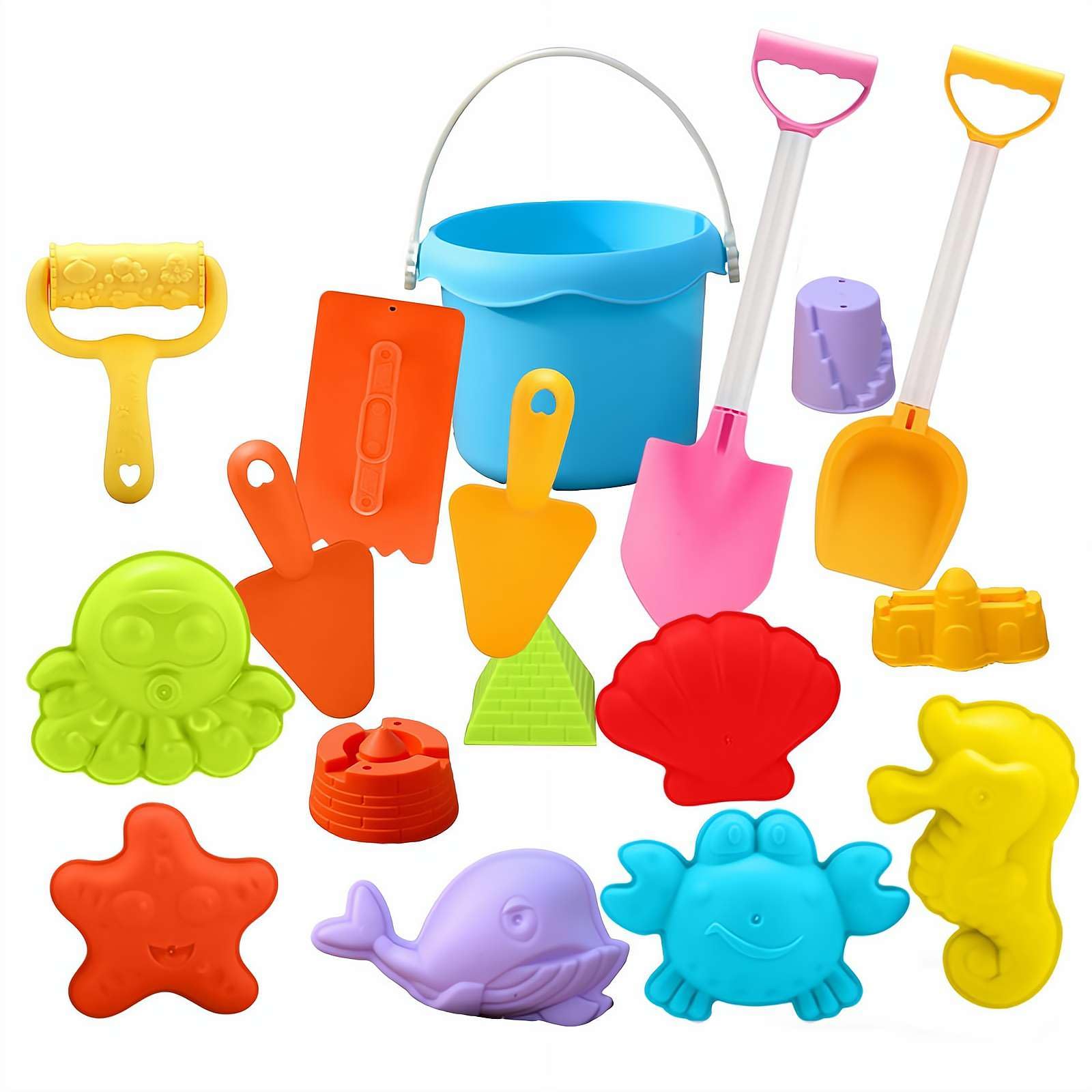 Kids Beach Sand Play Set, Cartoon Sand Molds & Shovels Bucket Kit, Colorful Flexible Outdoor Tools for Sandbox, Beach, Water Play & Gardening, Interactive Gift for Toddlers & Kids