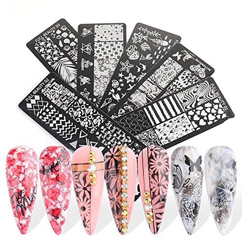 6Pcs Nail Stamping Plates, Nail Stencils Stickers Decals Mold Tattoo Set Heart Graffiti Fruits Flowers Butterfly Geometry Ocean Nail Art Design Stamper Scraper Nails Supplies Girls Manicure Decoration