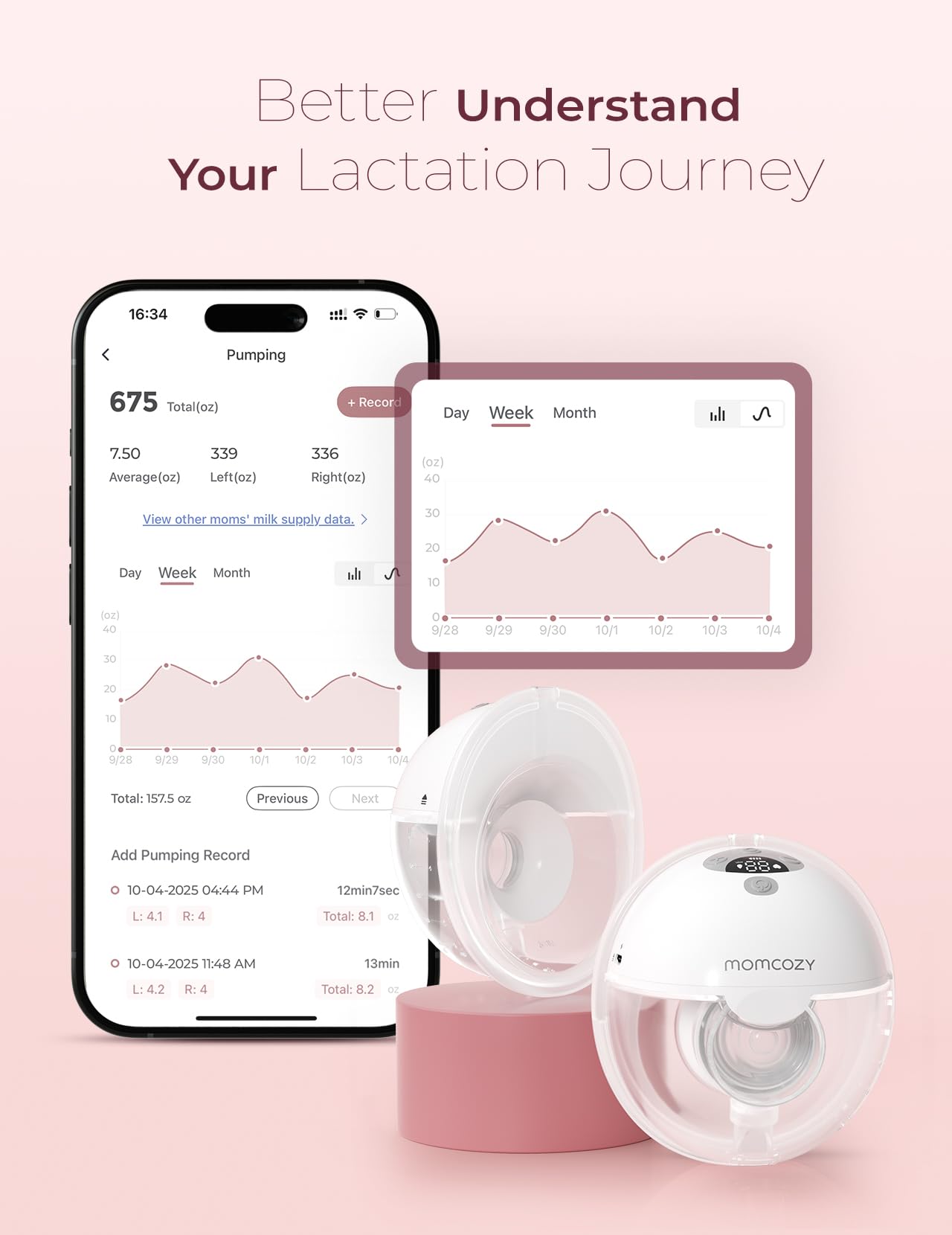 Momcozy M5 Smart APP Controlled Wearable Breast Pump, Hands-Free Wireless Electric Pump, 3 Modes 9 Suction Levels, BPA-Free, Portable Lightweight, 24mm Flange, 2-Pack Quill Gray