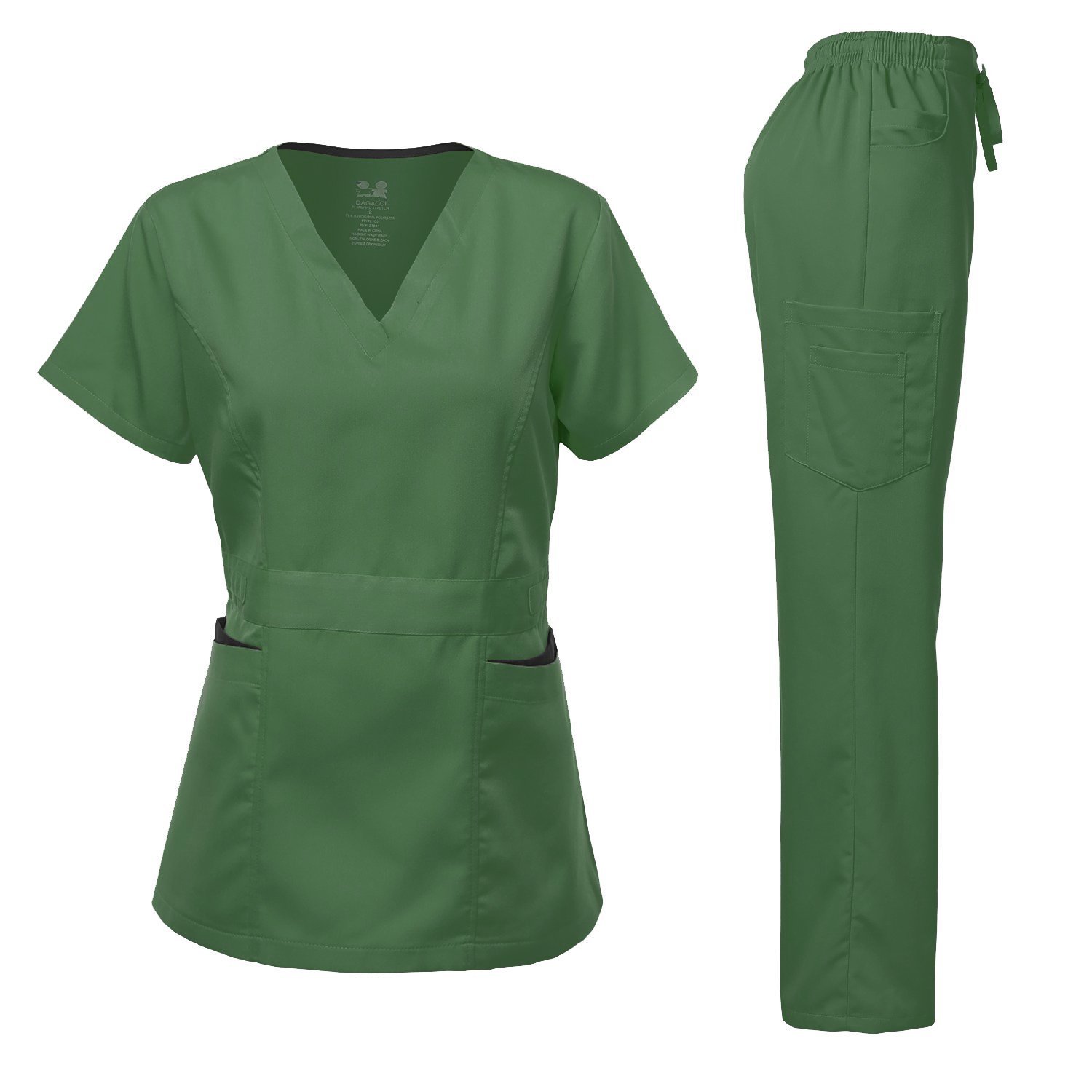 Dagacci Medical Uniform Women's Hunter Green Medical Uniform Scrubs Set Stretch Contrast Pocket L