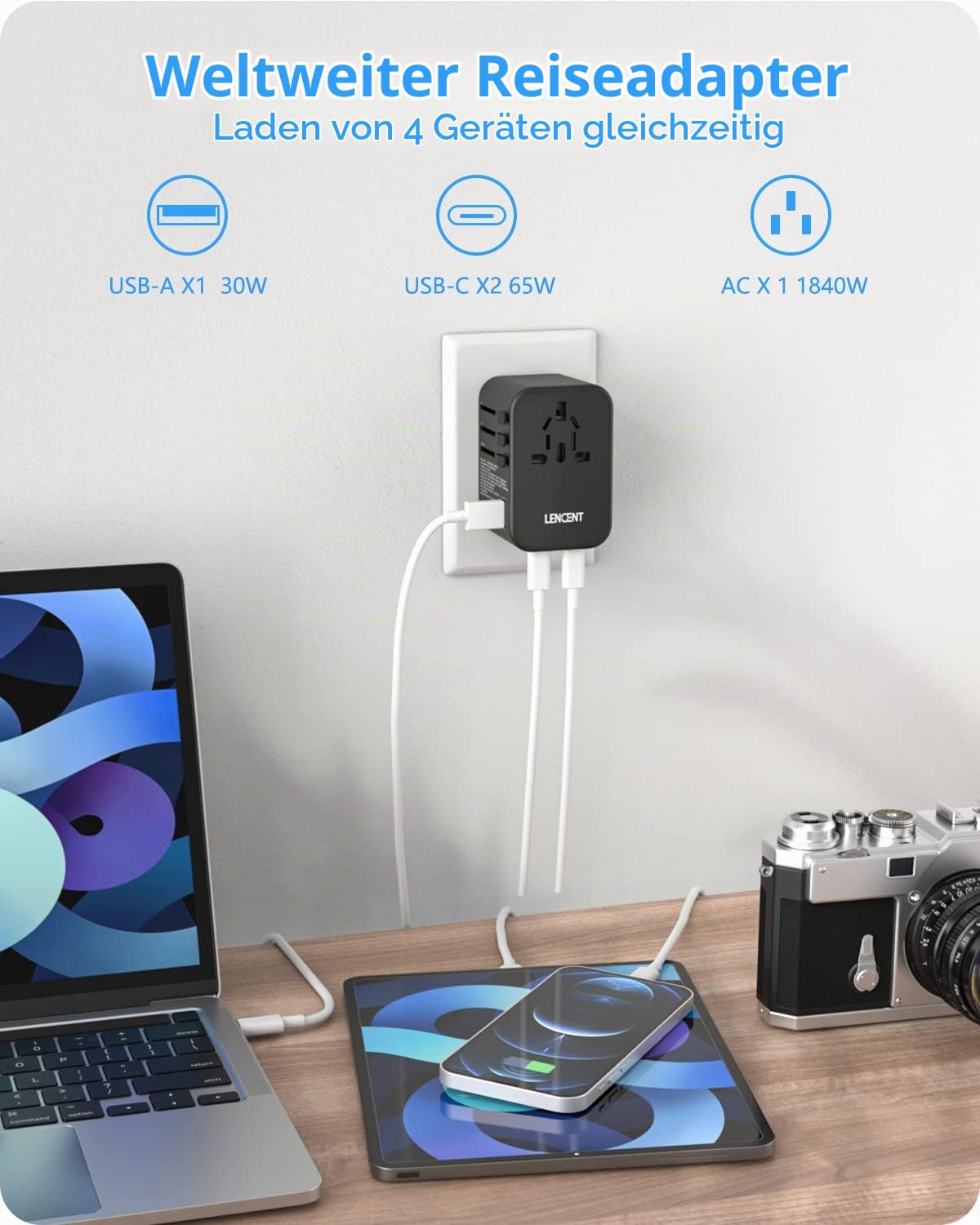LENCENT 65W Reiseadapter Weltweit, 4-in-1 Internationaler Stecker Aadapter