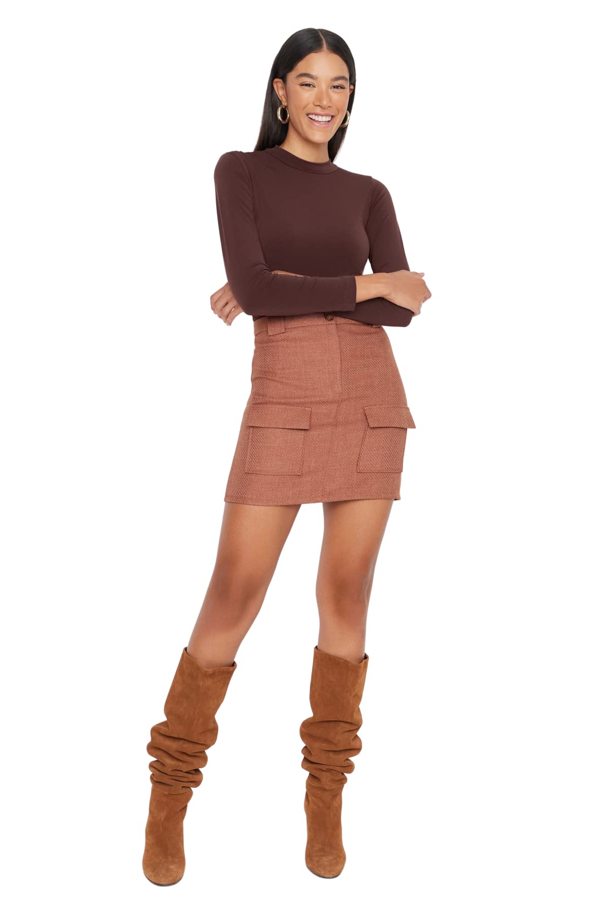 Trendyol Damen Camel Women's Mini Bodycone A-Linie Webstoff Rock Skirt, 36