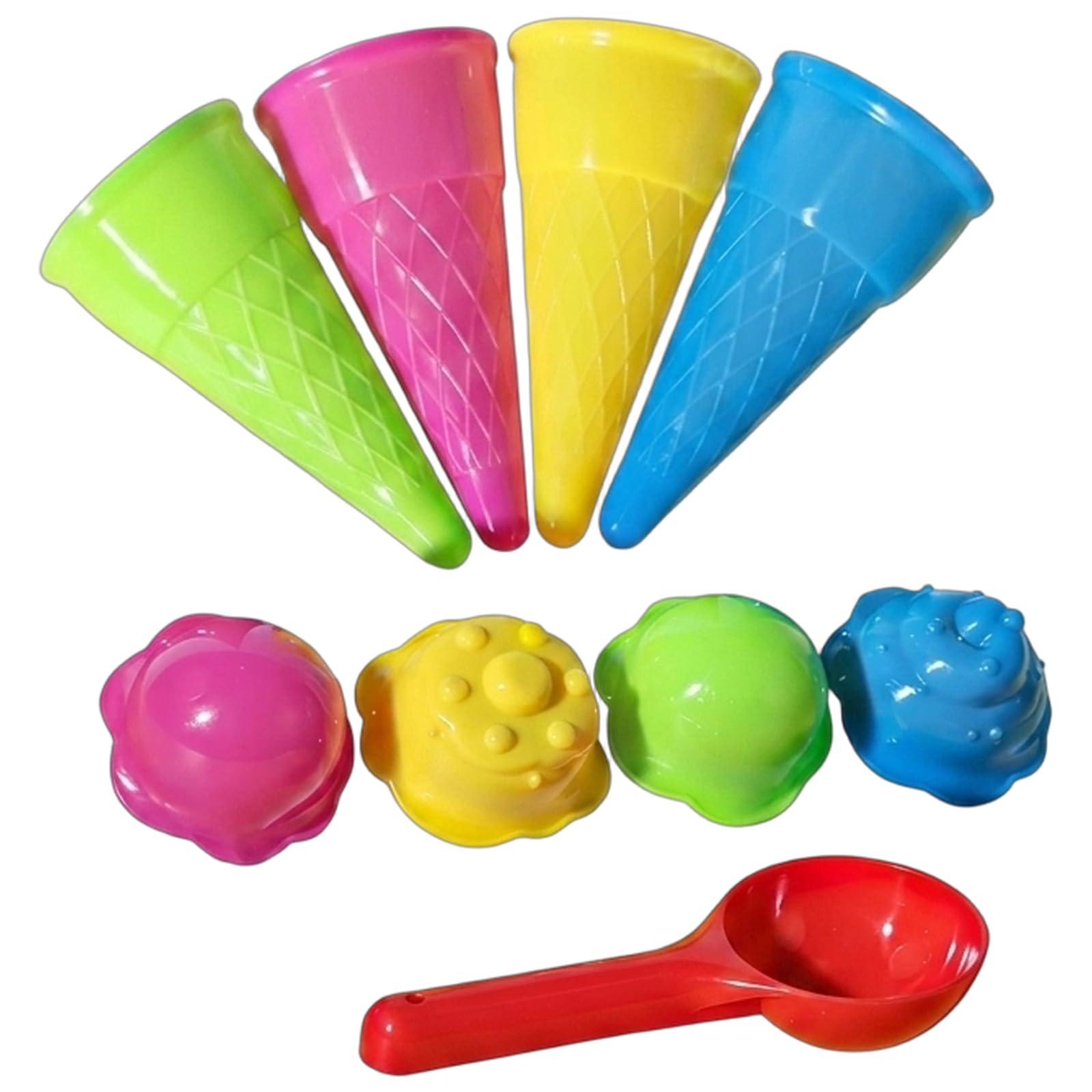 Sand Toys Ice Cream Set, 9 Piece Beach Play Set with Four Ice Cream Cones and Four Lids, Includes Scoop for Sand Play Activities, Sandpit Toys for Sandpit and Outdoor Play