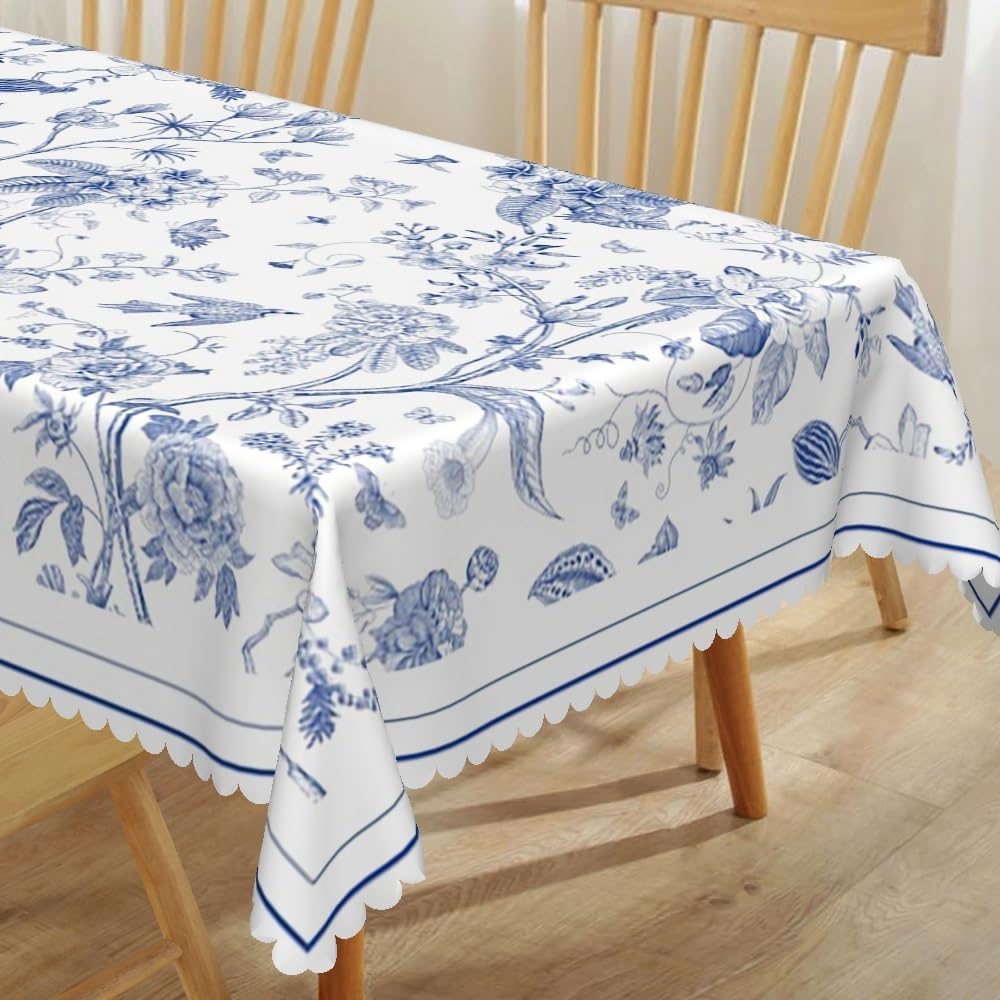 60x84inches Blue Floral Tablecloth Blue and White Flowers Birds Plants Classic French Country Table Cloth Spill Proof and Oil Proof Fabric Table Cover for Kitchen Dining Room Patio Home Decor