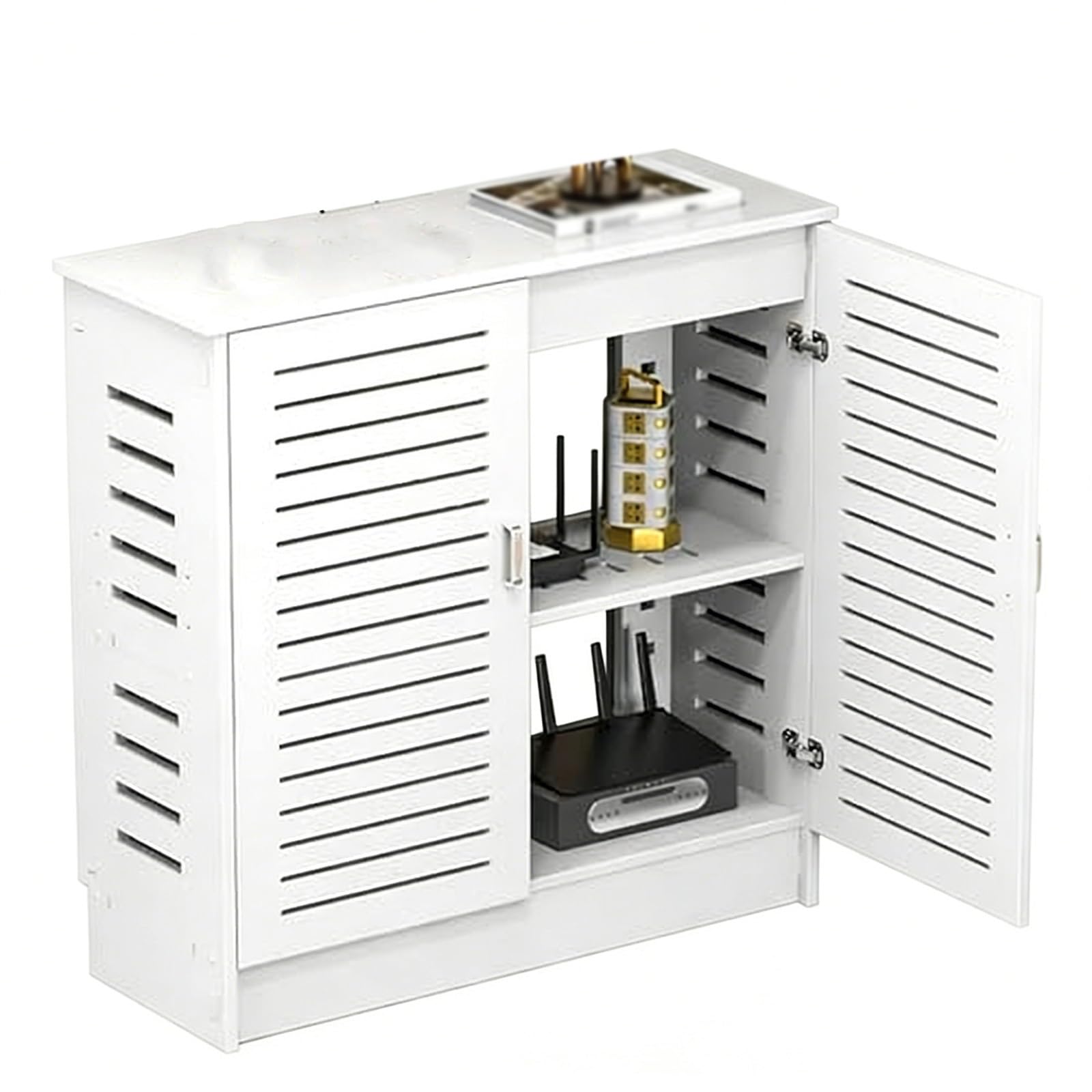 Módem y organizador de cables con rejillas de ventilación activa para router