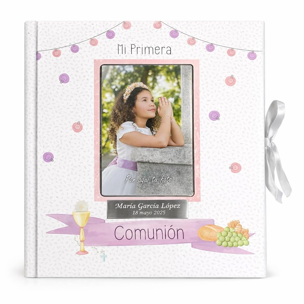 Libro de comunión para firmas y fotos, personalizado con placa grabada con nombre y fecha - Libro para dedicatarias - Album para comunión. (Rosa 24) - 2