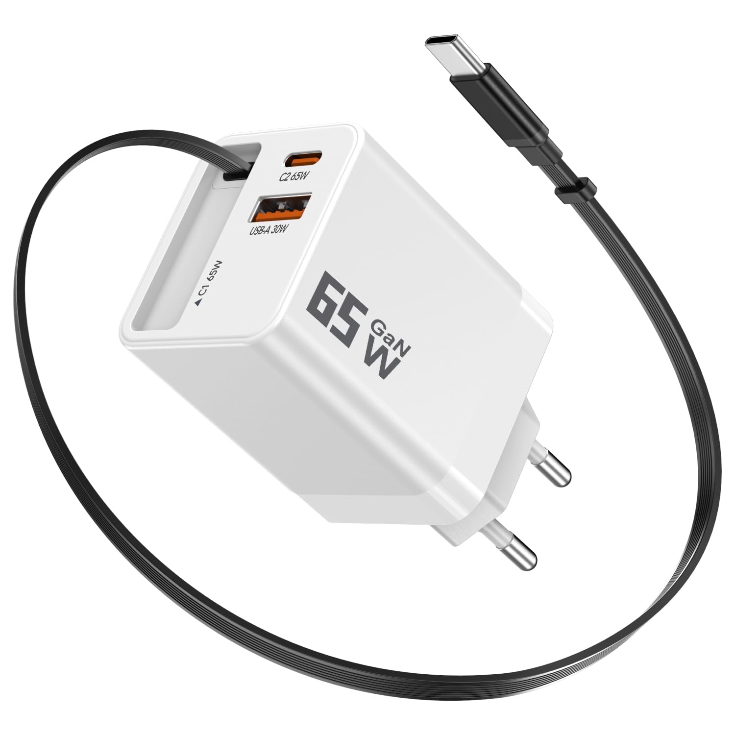 YKEJCLD USB C Ladegerät 65W GaN Netzteil mit Einziehbares Ladekabel(0,7 m) 3 Port Schnellladegerät, kompatibel mit MacBook Pro/Air,iPhone 17 Pro/Air/16/15,iPad,Galaxy S25/S24, Steam Deck usw