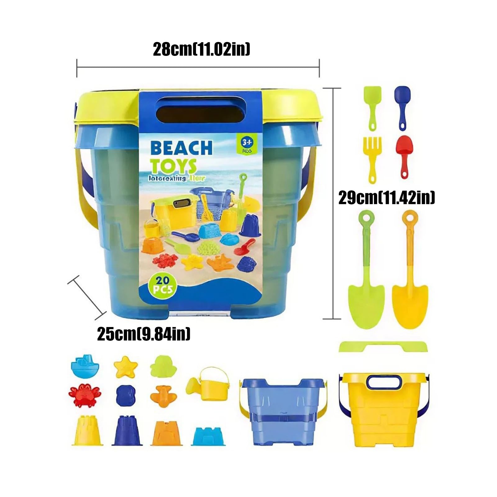 Shore Spielspielzeug Set, 20-teiliges Eimer und Sandwerkzeug Set mit Schaufeln, Gießkanne, Siebdeckel und Formteilen für Strandtage und Sandkastenspaß, Strandspielzeug, Sandspielzeug, Eimer,
