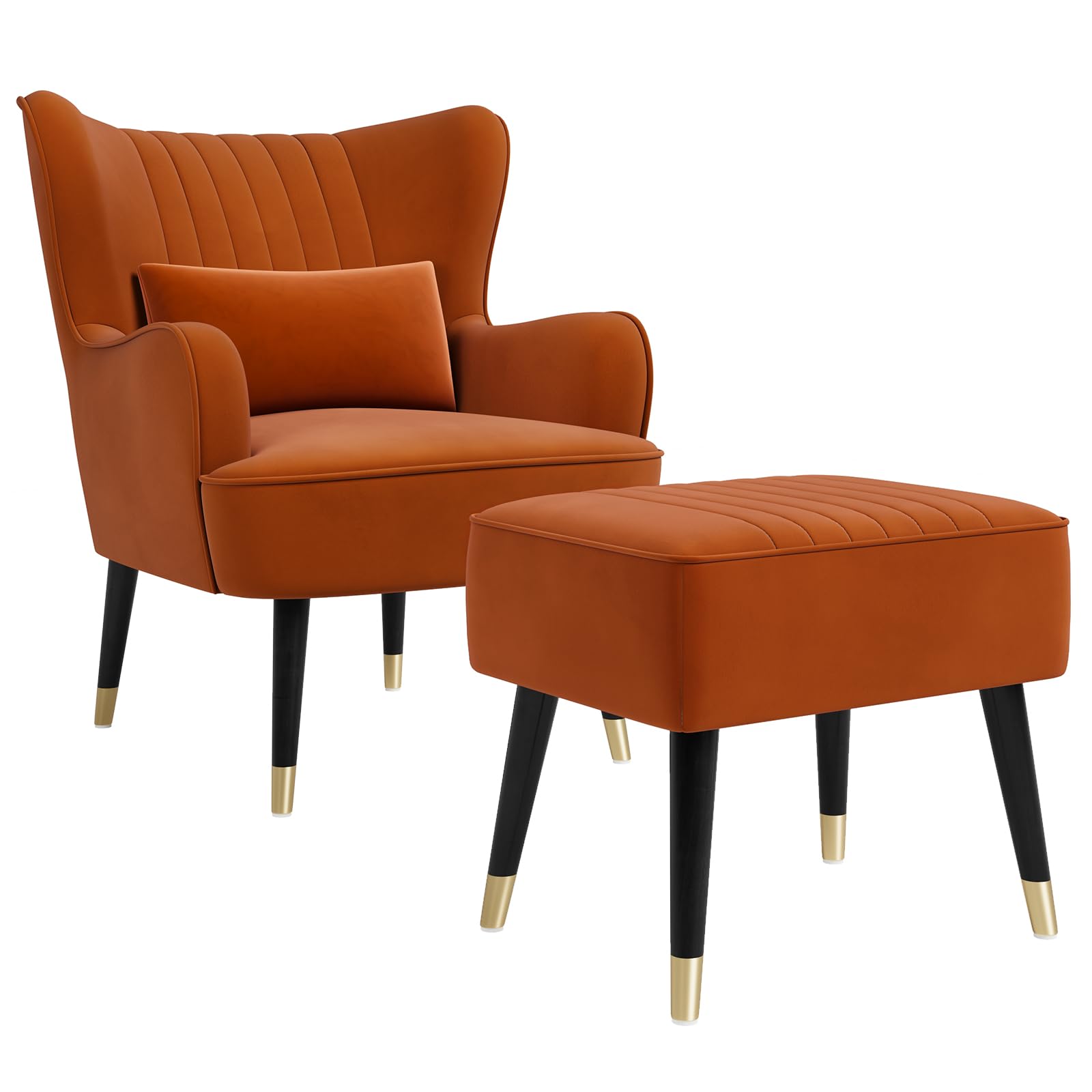 Vesgantti Velvet Armchair with Footstool and Lumbar Pillow, Modern Wing Back Accent Chair with Ottoman, Large Cuddle Chair for Living Room Bedroom Study Room Office(Orange)
