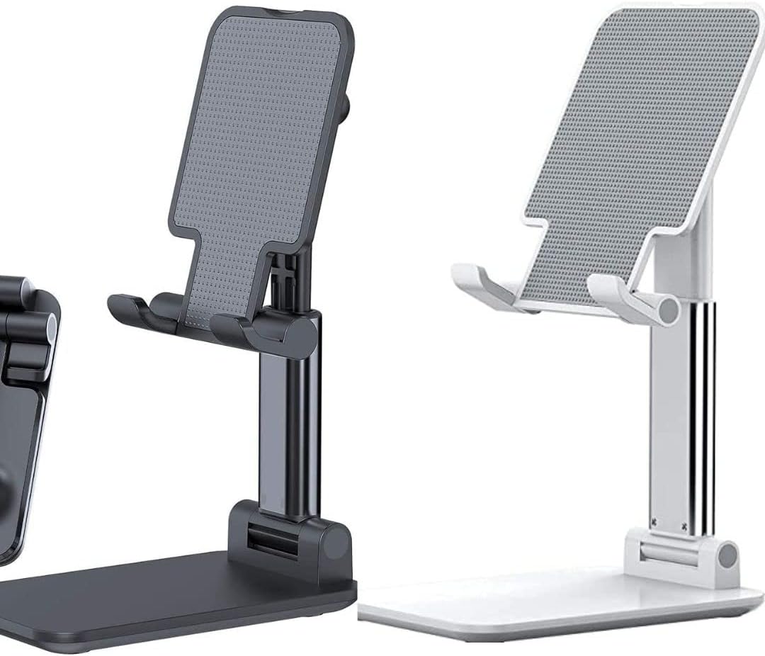 YOMNA Pack of 2 Adjustable Cellphone Stand, Foldable Mobile Phone Holder For Desk And Bed Usage, Compatible With All Android Smartphone, iPhone(Black/White)