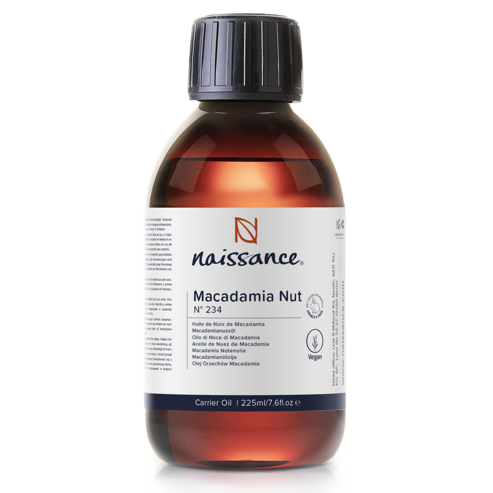 Naissance Macadamia Nut Oil (No. 234), 225ml, Natural, Refined, Moisturiser, for Hair Skin, Face, Body