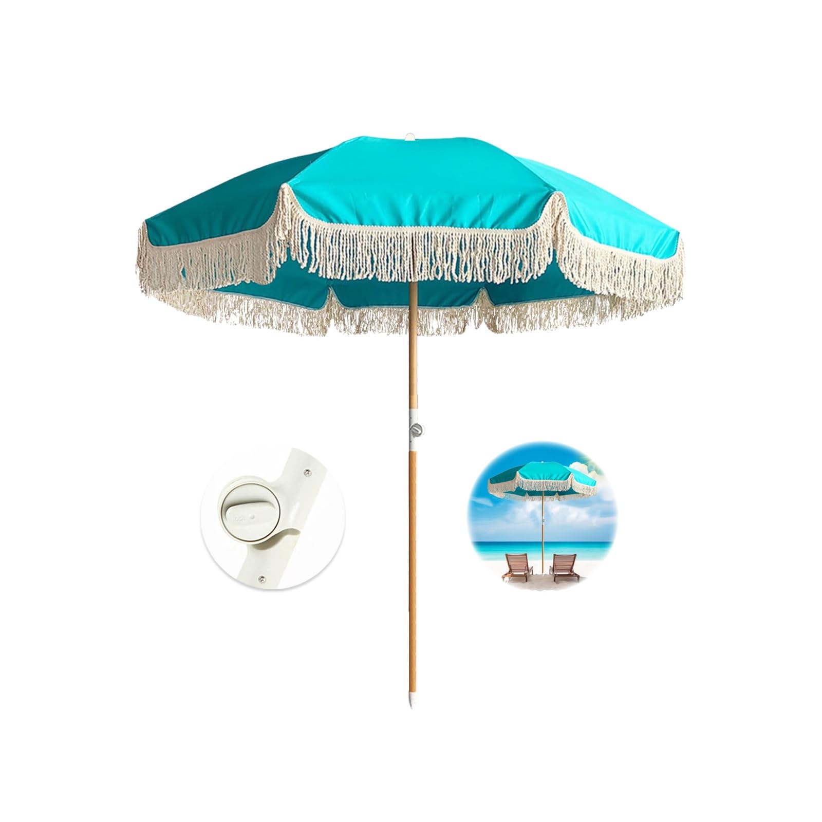 ELZEM 180cm Sombrilla Terraza Exterior Azul Con Flecos Sombrilla Playa Grande Antiviento Parasol Jardin Inclinable Parasol Playa Protección UV50+ Para Terraza Playa Piscina Café/Bolsa De Transporte