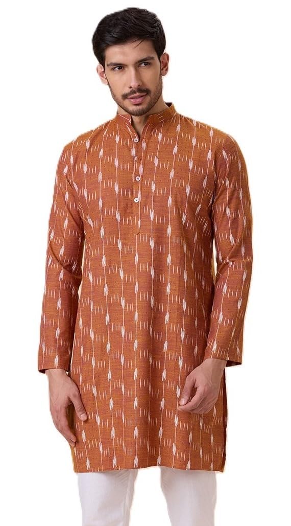 studio shringaar Men's Cotton Blend Ikat Printed Knee Length Kurta-picture-16