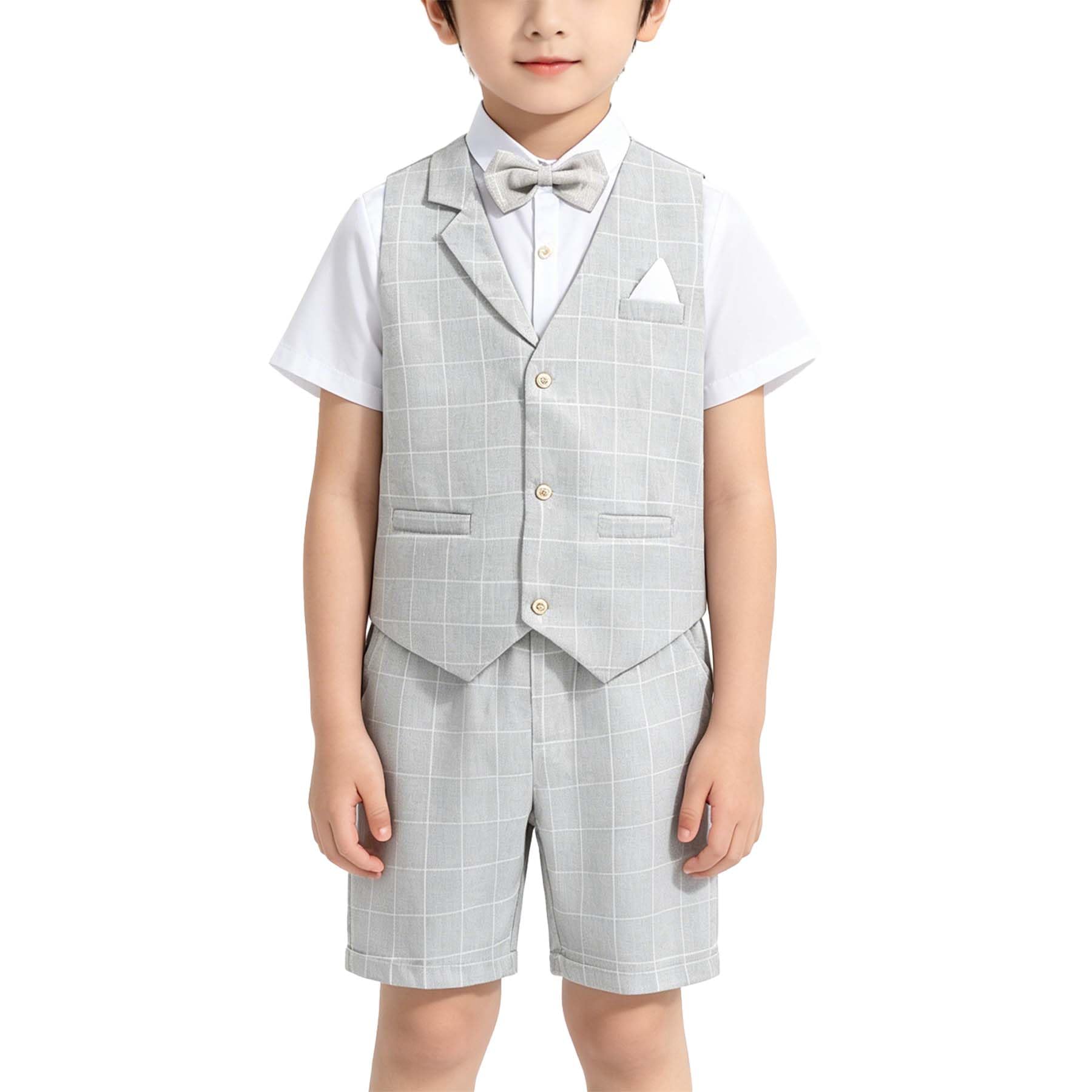 LOLANTA 4 pièces Costume Enfant Garcon Mariage Ete, Vetements Garcon Ceremonie, Ensemble Costume Short Gilet Chemise avec nœud Papillon pour 2-12 Ans