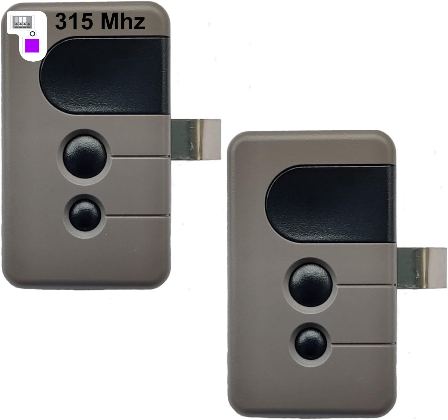 Two CARMATOR garage door opener remotes, gray with black buttons and a metal visor clip, indicating 315 MHz frequency.
