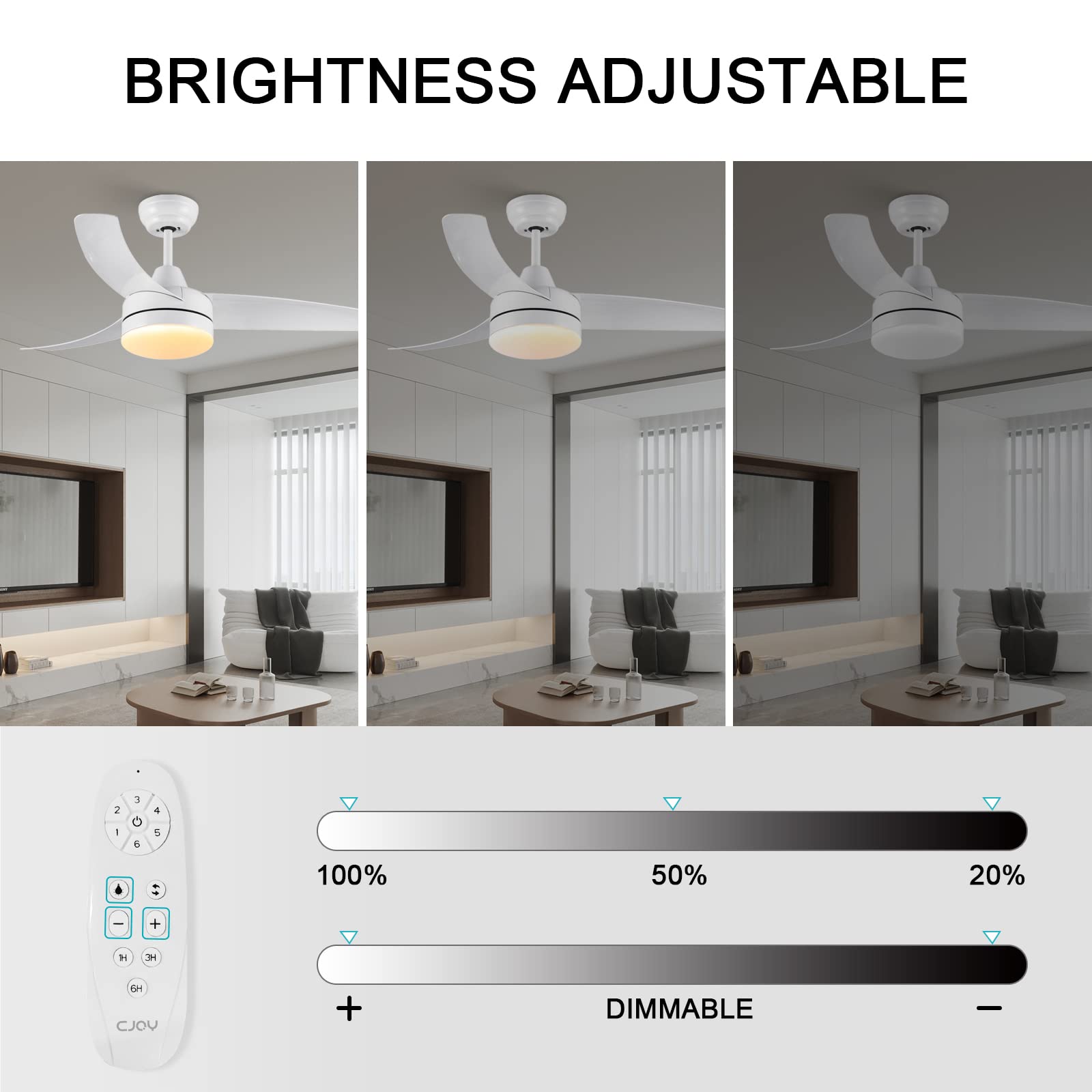 CJOY Ventilatore da Soffitto con Luce e Telecomando, 132cm Ventilatore da Soffitto Bianco Brillante Reversible Motore CC Ventilatore da Soffitto Dimmerabile LED, 3 Temperature di Colore, Timer