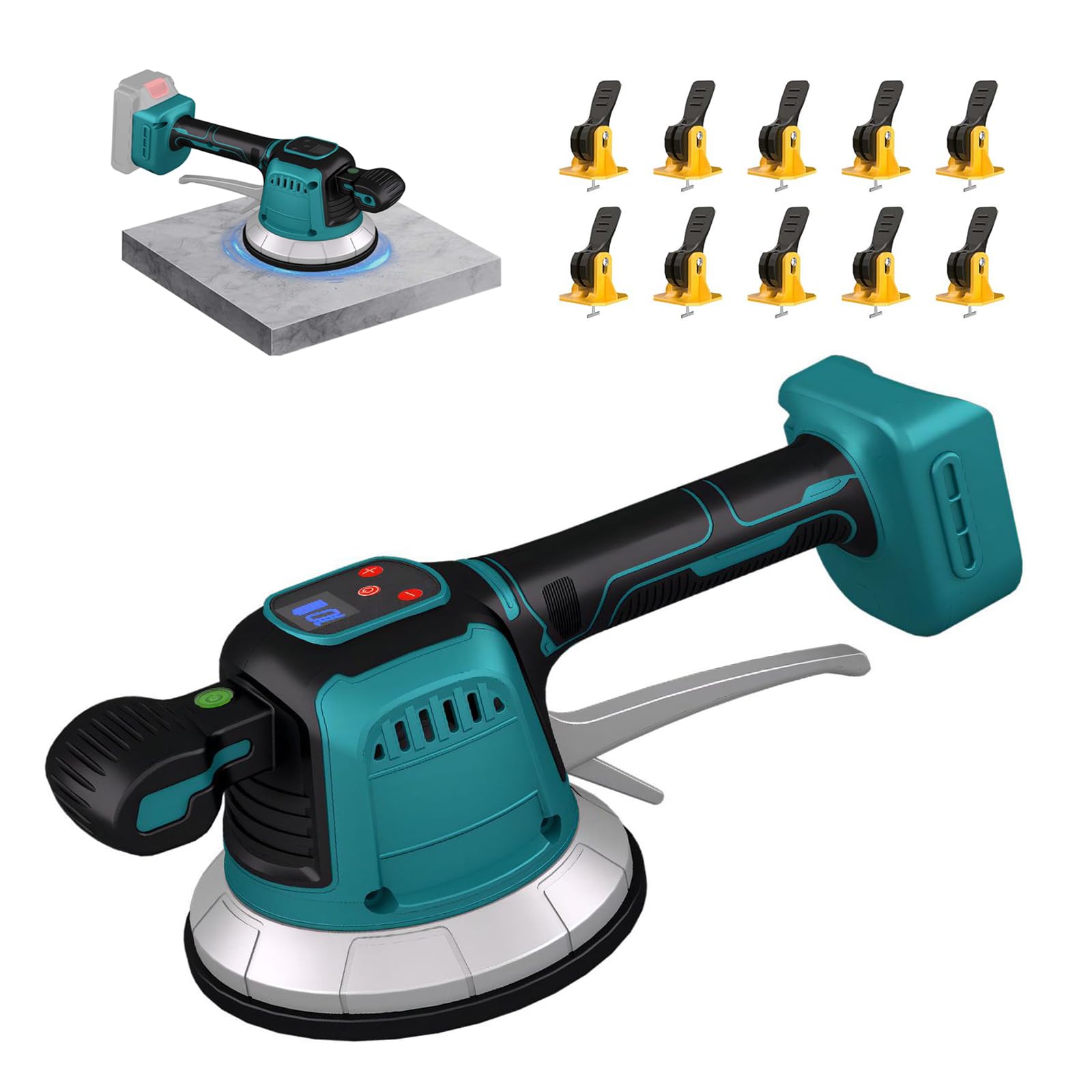 Akku Fliesenrüttler, Elektrische Fliesenvibrator Kompatibel mit Makita 18V Akku, Fliesenleger Maschine mit 10 Gänge Einstellbar,14,5cm Saugnapf, Automatische Nivellierung, 200KG Adsorption,Ohne Akku