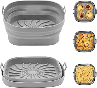 Reusable Square Silicone Air Fryer Liner - 8 Inch Non-Stick Insert, Oil Filter Design, Oven & Microwave Safe, Fits 3-5QT Fryers (Gray)