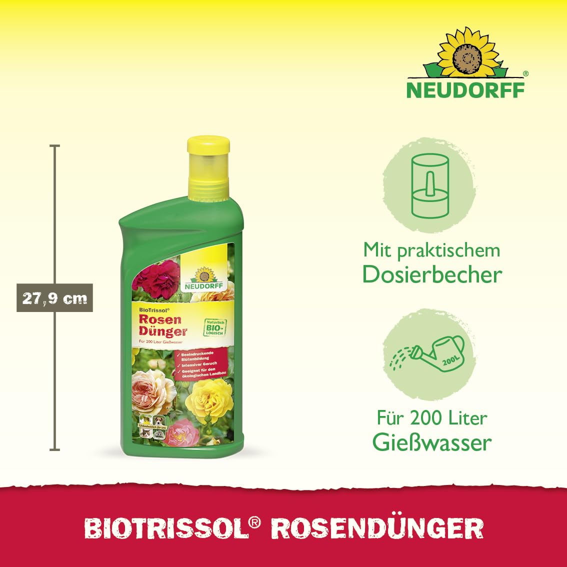Neudorff BioTrissol RosenDünger - Bio Spezialdünger mit Extra Kalium fördert gesunde und blütenreiche Rosen auf dem Balkon oder im Garten, 1 Liter