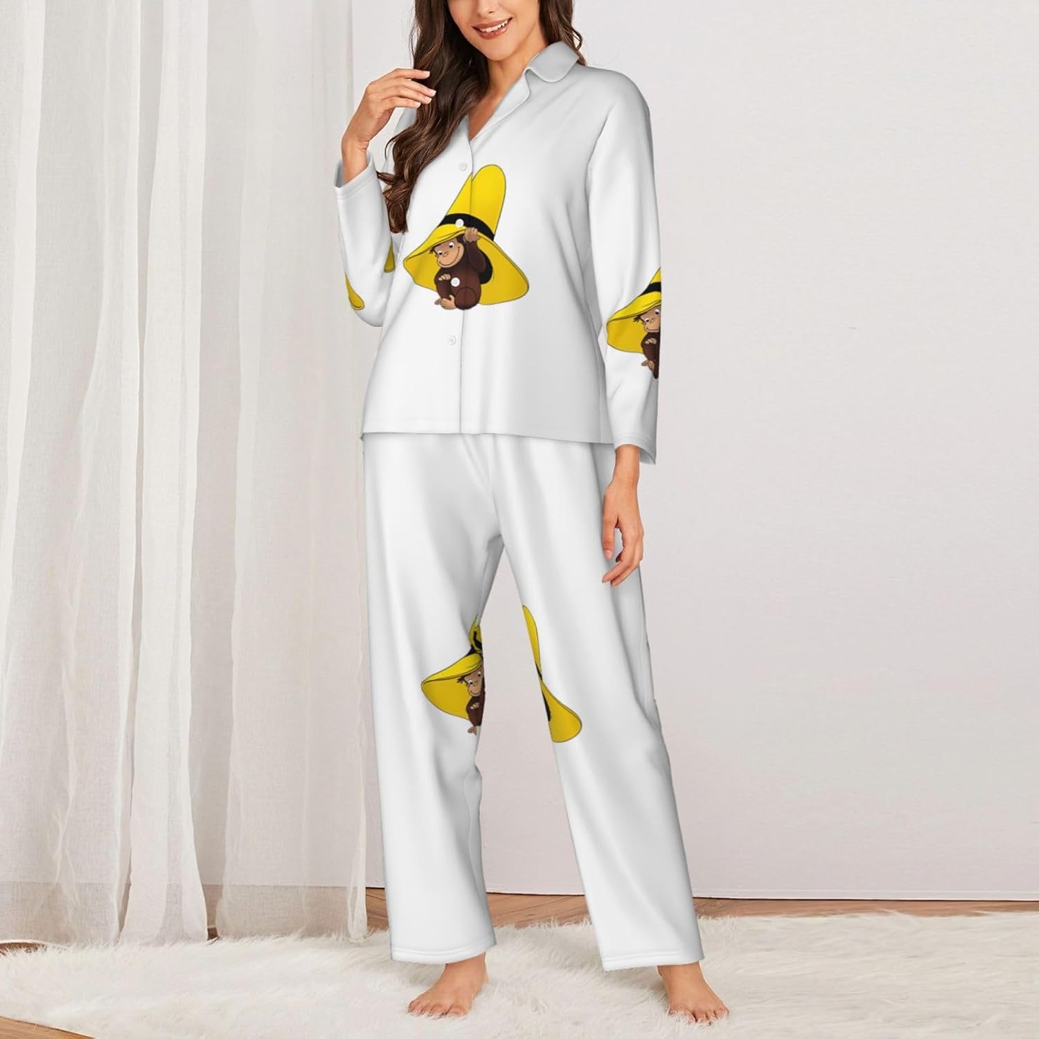 [Limpac] おさるのジョージ パジャマ レディース 部屋着 寝間着 前開き 上下セット 長袖 長ズボン ルームウェア クラシッ