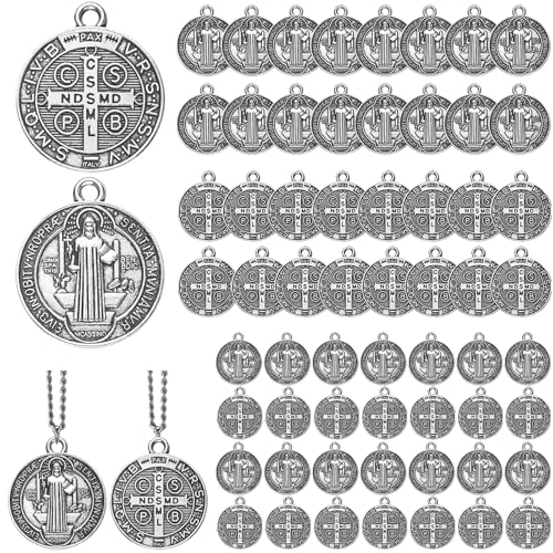Tudomro 120 Pieces St Benedict Medals 0.94 x 0.79 Inch Christian Metal Saint Pendant Silver Toned Saint Benedict Protection from Evil Charm Pendant for Women Men Jewelry Making Gifts