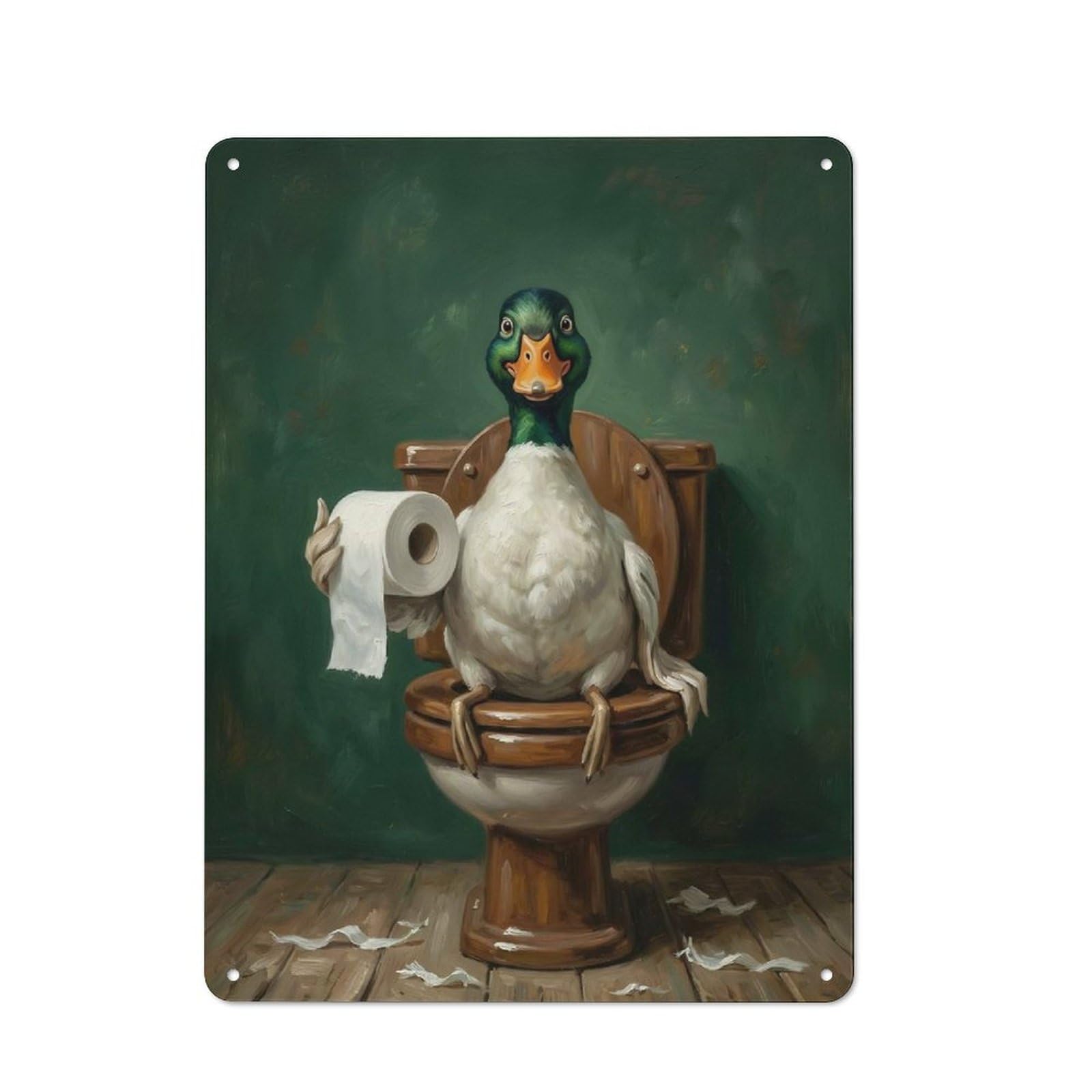 Duck on Toilet with Toilet Paper Cottage Style Metal Wall Decor 40x30cm, Tin Wall Plaque for Kitchen, Cottage, Porch Or Garden Room