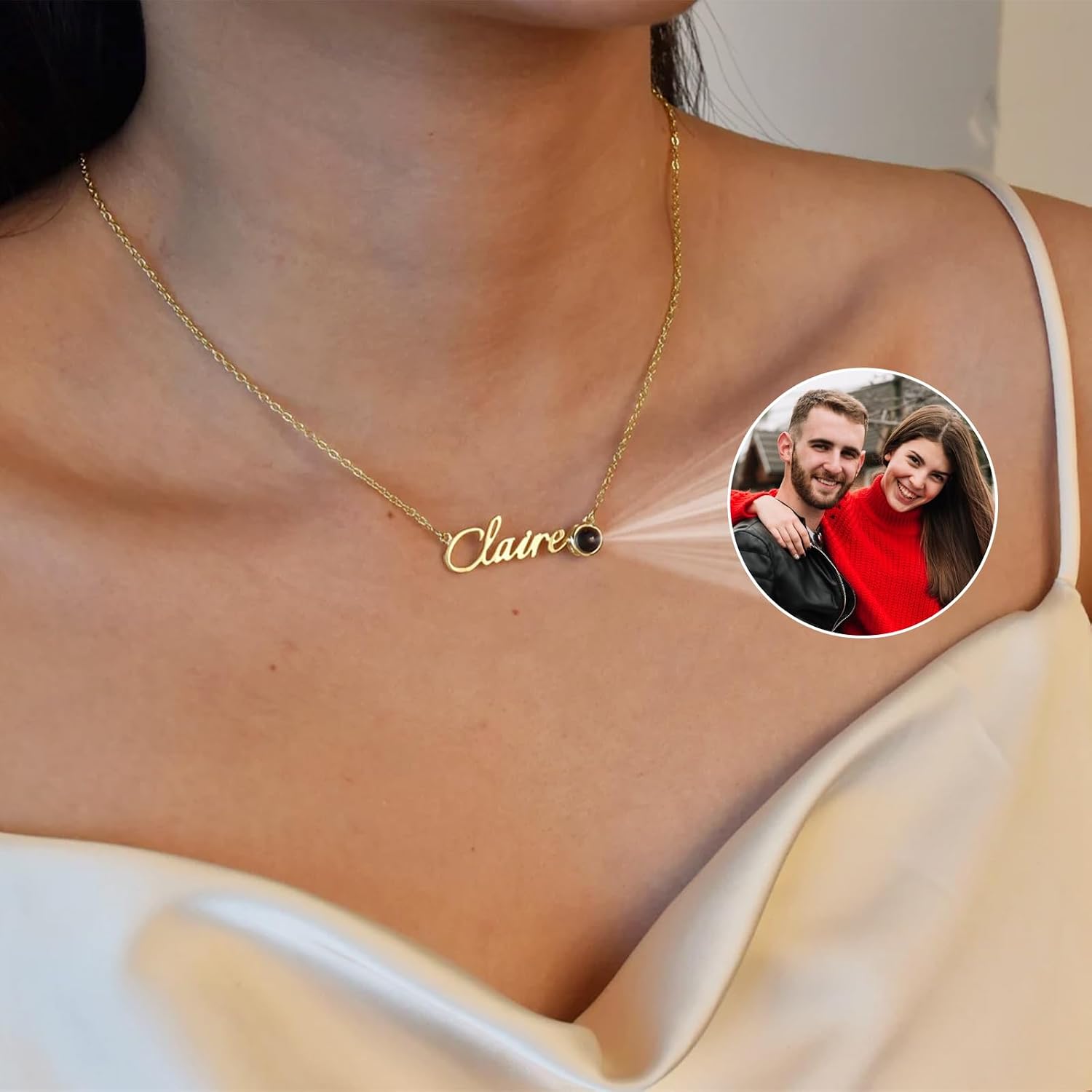 Custom Photo Projection Necklace with Name, Mother's Day Gift for Her Mom Wife Daughter Friends Sister, Personalised Name Necklace, Memorial Picture Inside Necklaces for Mom