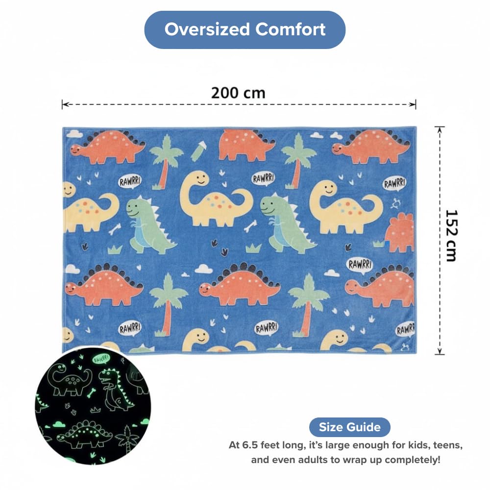 DOCAT Glow Blanket for Kids 0-15 Years, 200×152 cm Double Bed Blanket for Girls Boys, Soft Cozy Flannel Fleece Throw Blankets for Winter, Radium Blanket Ideal Gift for Boys & Girls (Dino World) 1