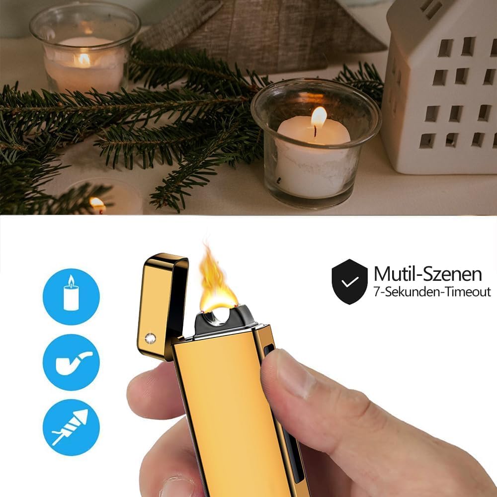 GADATOP Elektrisches Plasma-Feuerzeug Mit LED-Batterieanzeige - Wiederaufladbar, Flammenlos, Sturmfest für Kerzen, Grill und Camping (Gold)