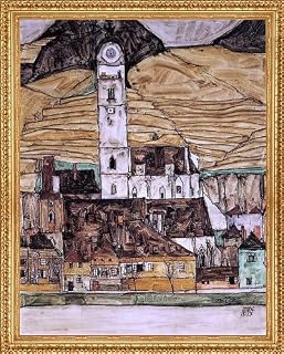Art Oyster Egon Schiele Stein on the Danube (small version) - 21" x 28" Premium Canvas Print with Antique Gold Finish Frame