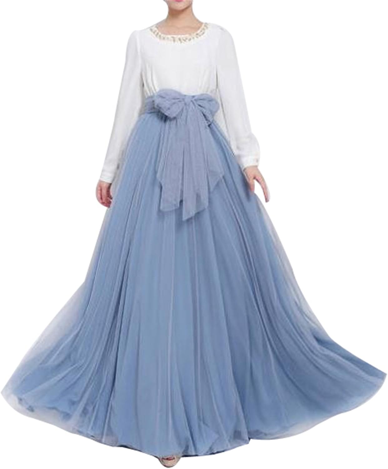 Women Wedding Long Maxi Puffy Tulle Skirt Floor Length A Line with Bowknot Belt High Waisted for Wedding Party Evening