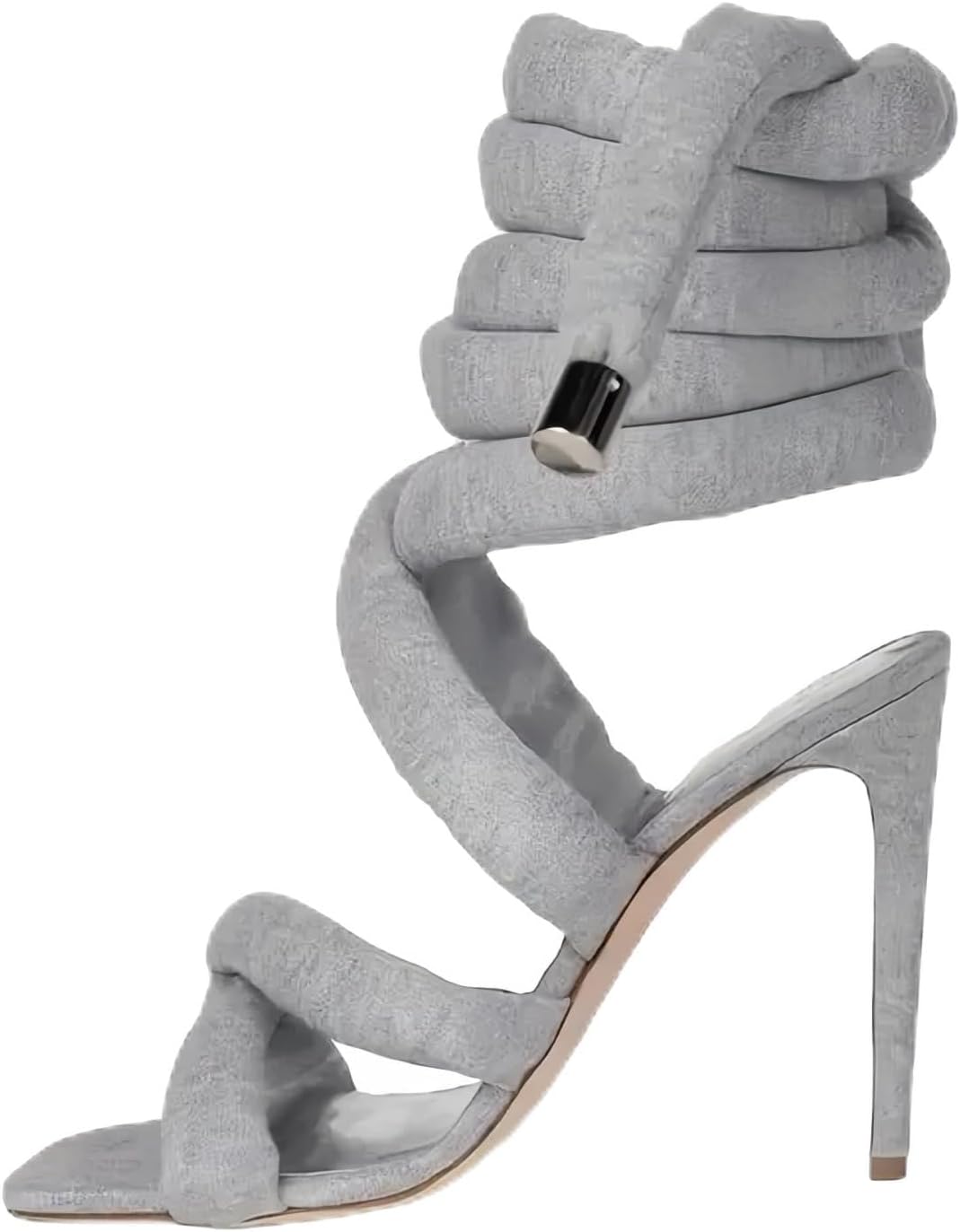 Womens Spiral Wrap Around Strap Lace Up High Heel Sandals – 4.13 Inch Grey Soft Knotted Strappy Stilettos Open Toe Heels