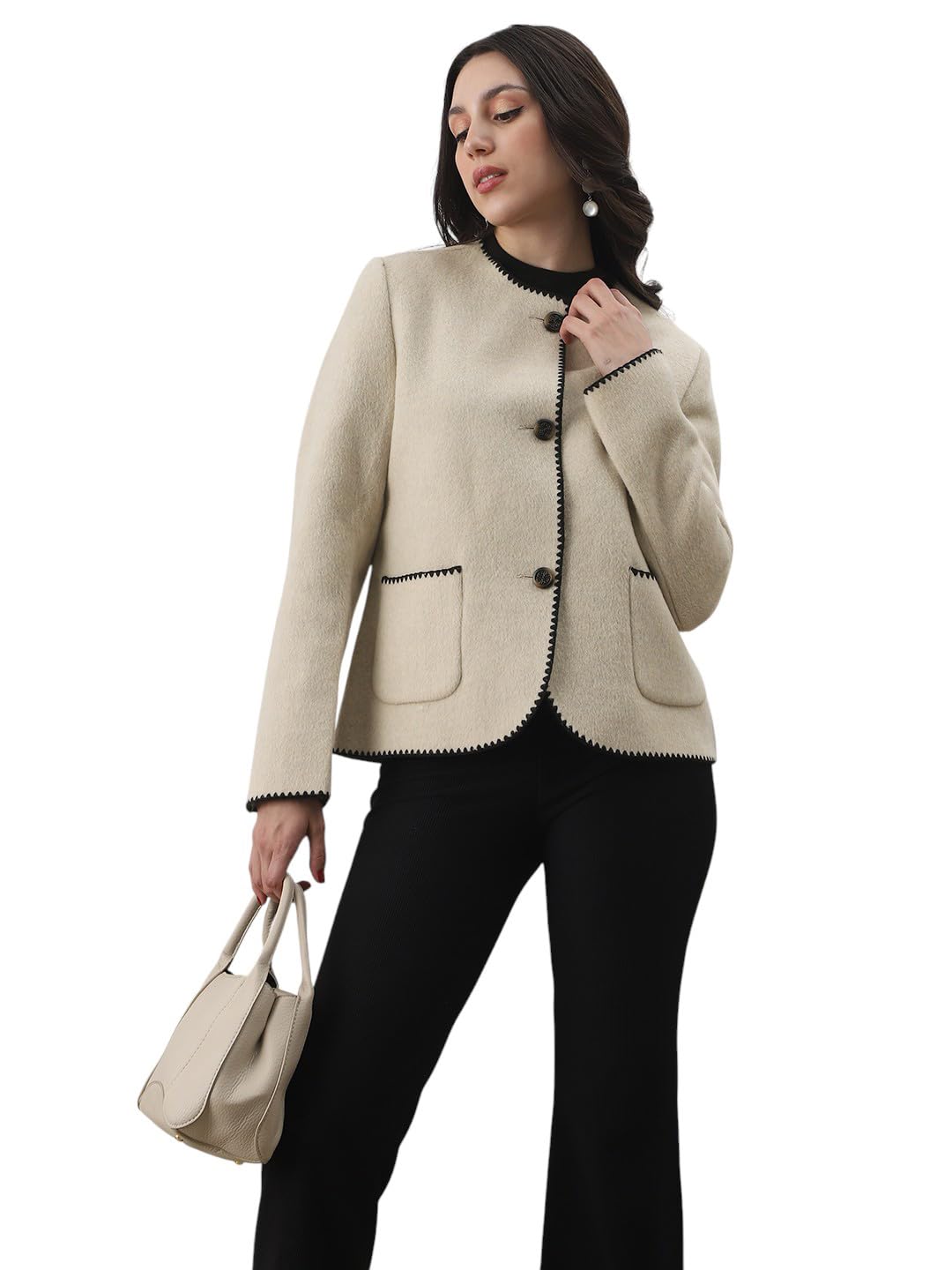 Women Round Neck Long Sleeves Embroidered Detail Self Design 2 Pockets Winterwear Overcoat-image-16