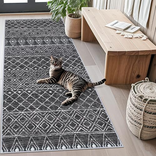 BYYVOO 3x6 Runner Rug Washable - Moroccan Hallway Runners Non Slip Pets Friendly Rug Low Pile Soft Indoor Floor Mat Front Door for Kitchen Bedroom Entryway Laundry 3x6 Black