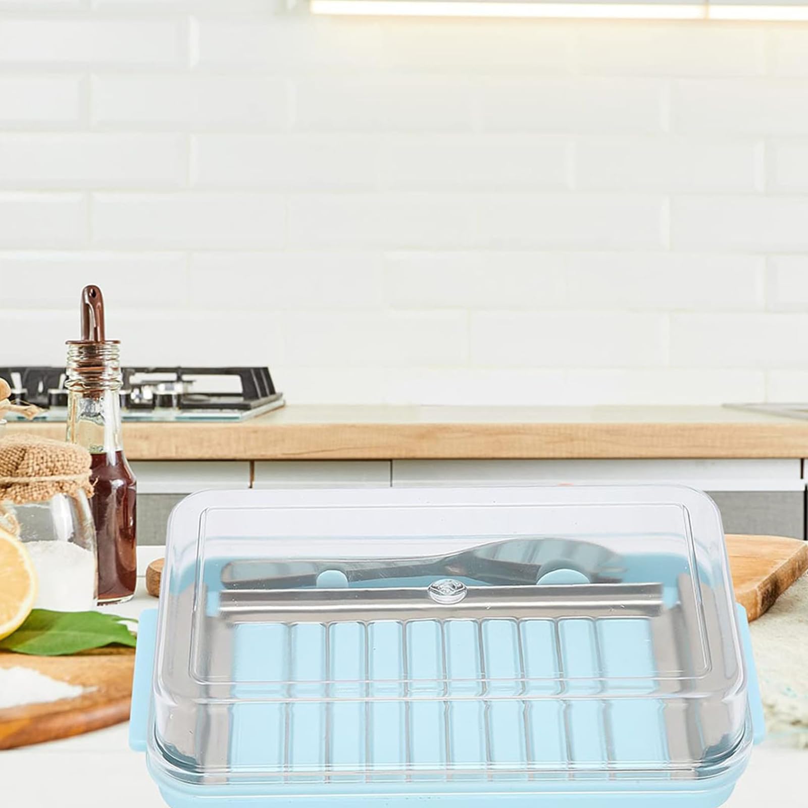 Practical Refrigerator Butter Slicing Container Stainless Steel Cutter Kitchen Storage Dish For Cheese With Clear Lid