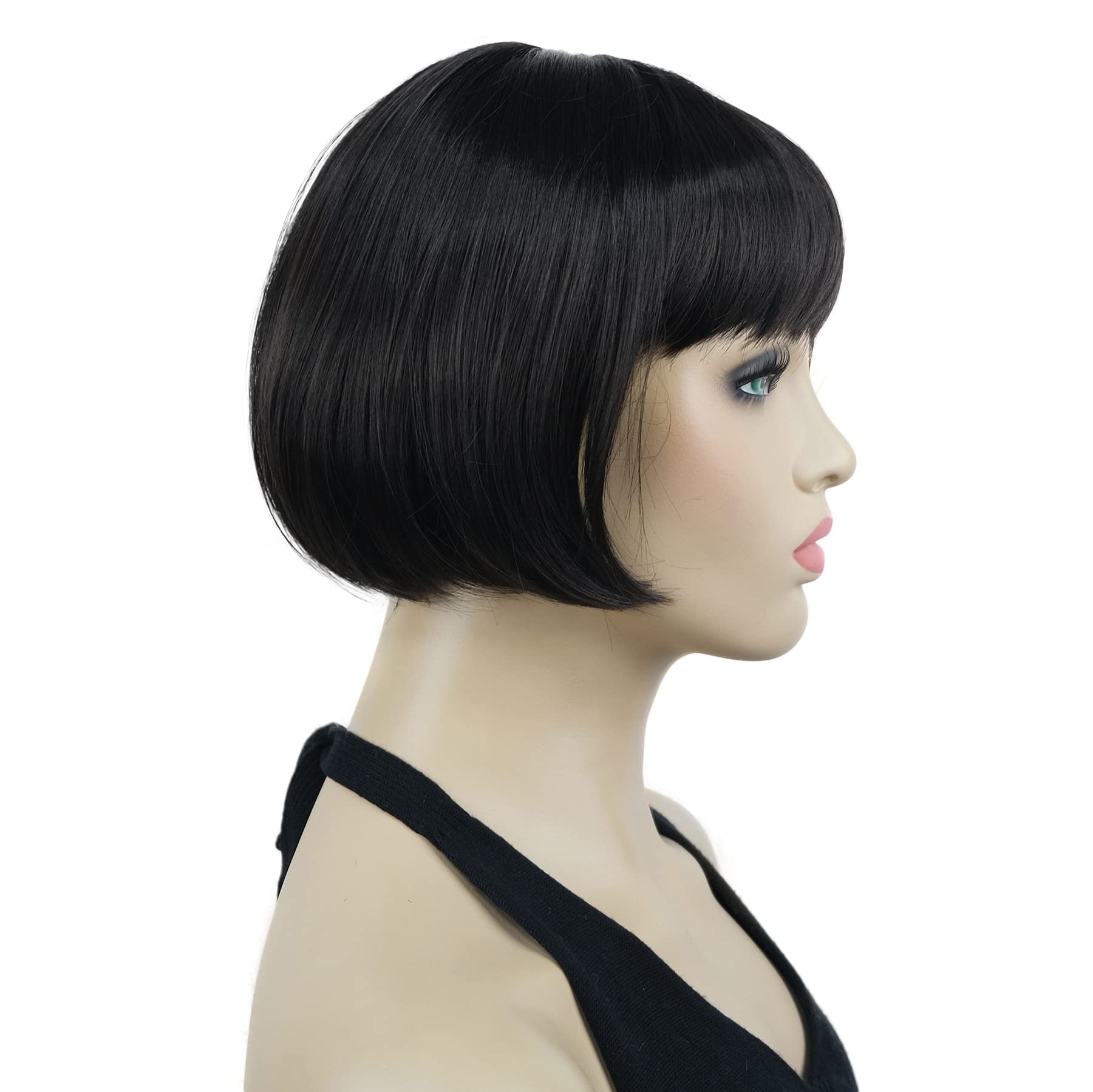 Lydell 6" Straight Short Bob Hair Flat Bangs Cute Central Dot Skin Top Heat Resistant Synthetic Wigs (Dark Brown) - Image 4