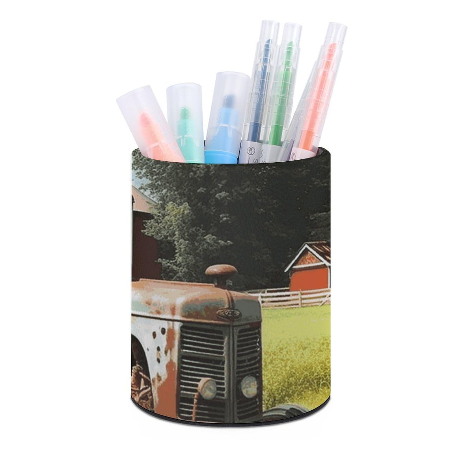 DWVTSLH Aesthetic Pen Holder for Desk - Modern Leather Pencil Holder - Stylish Round Makeup Brush Holder - Company Farm Tractor Pen Cup Cute And Functional Desk Organizer for Office Supplies
