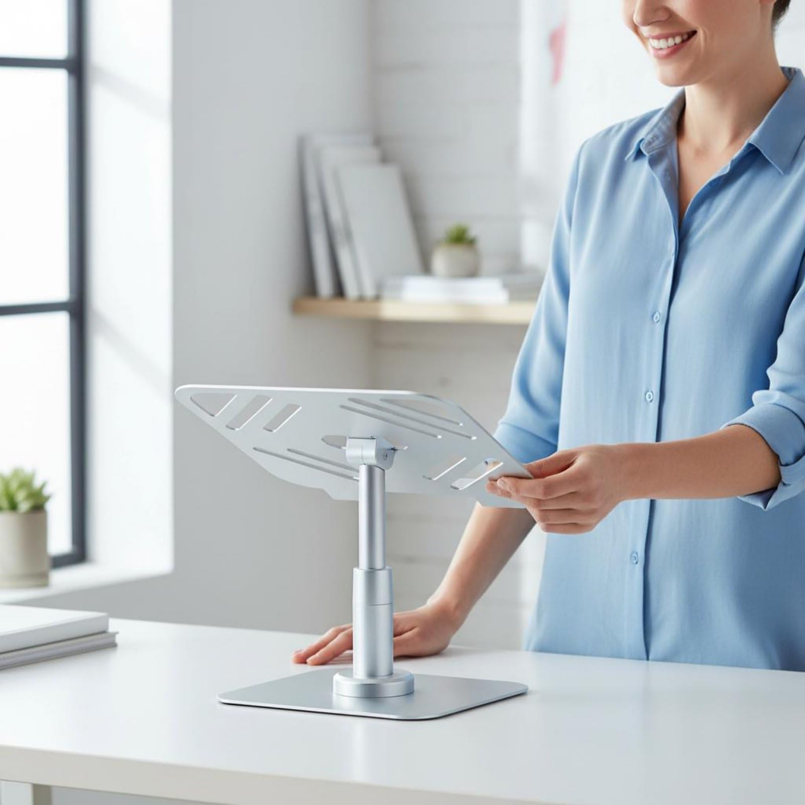 Soporte Ajustable para Portátil Soporte para Laptop Base Ergonómica Soporte de Mesa Soporte Giratorio Estructura de Acero al Carbono con Rejillas de, Gris Plata