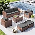 UDPATIO 6 Piece Patio Furniture Set 7 Seats Wicker Outdoor Furniture Set, Thick Cushions Patio Couch Chair with Ottoman & Storage Table for Porch, Balcony