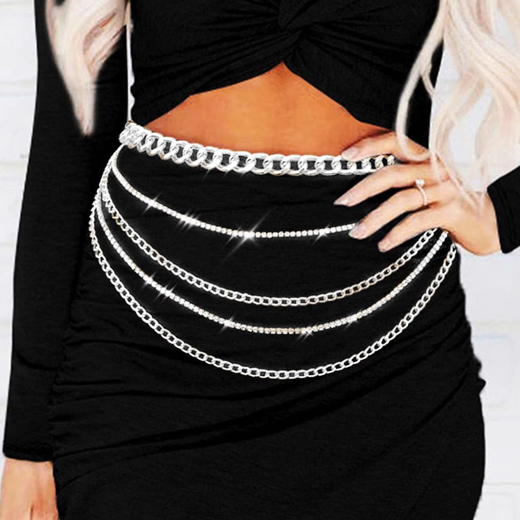 REETAN Rhinestone Waist Chain Belts Silver Layered Fashion Body Jewelry for Women
