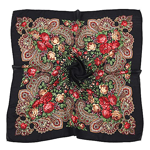 Floral Square Scarf, Russian Style Paisley Print Headscarf, Women's Cotton Shawl, Black, Red, Green
