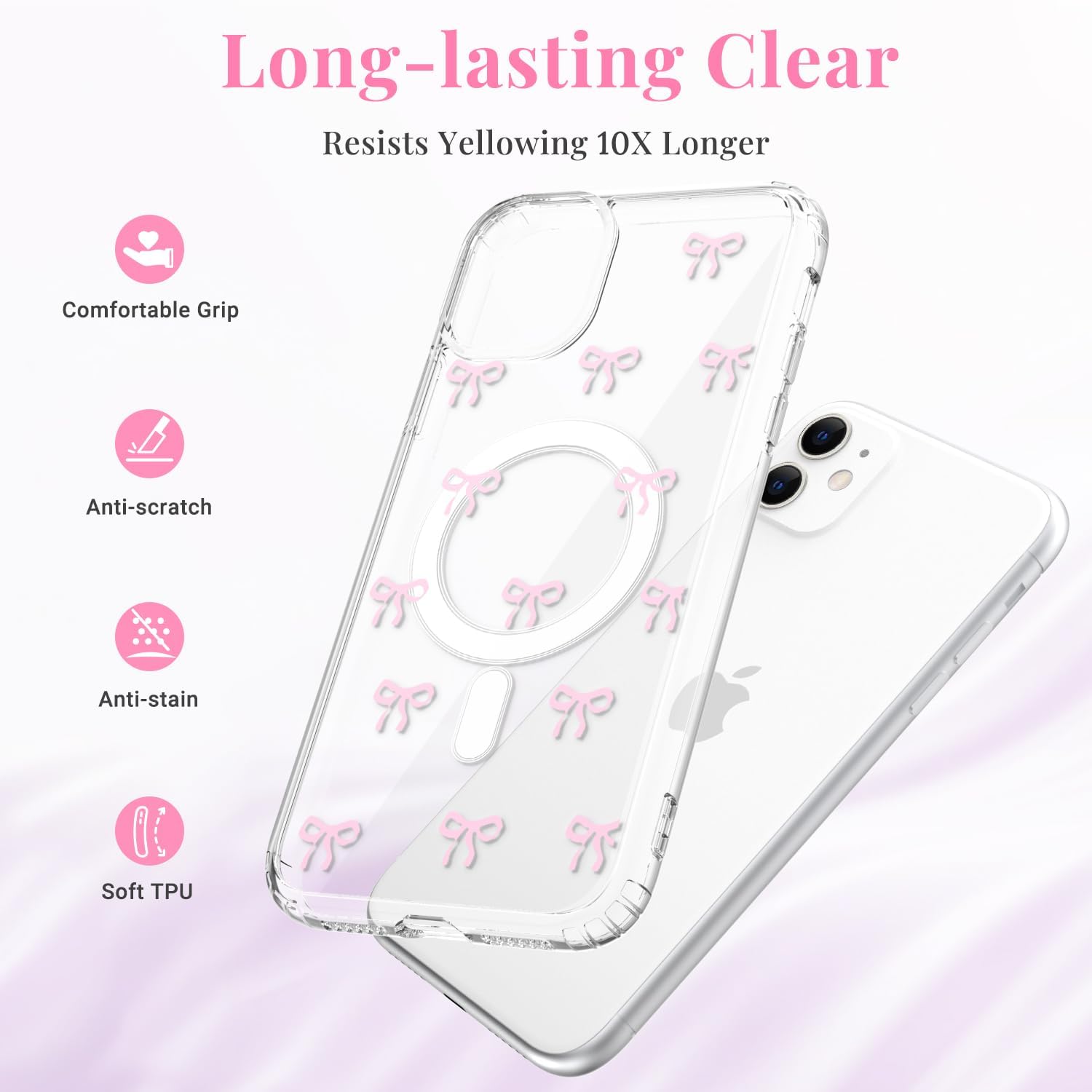 Custodia Magnetica Per IPhone 12/12 Pro Compatibile MagSafe - Cover Trasparente Con Motivo A Fiocchi Rosa, Silicone TPU, Paraurti Antiurto Antigraffio - 2