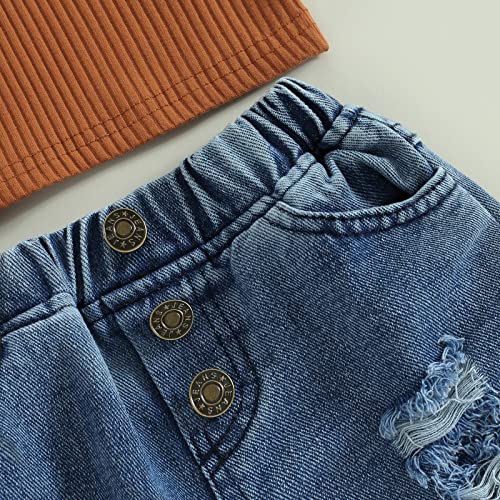 2Pcs Baby Girl Denim Pants Outfits Straps Cold Shoulder Backless Tank Tops Rib Knit Vest + Ripped Jeans Set (Brown Blue, 4-5 Years) #TOP4