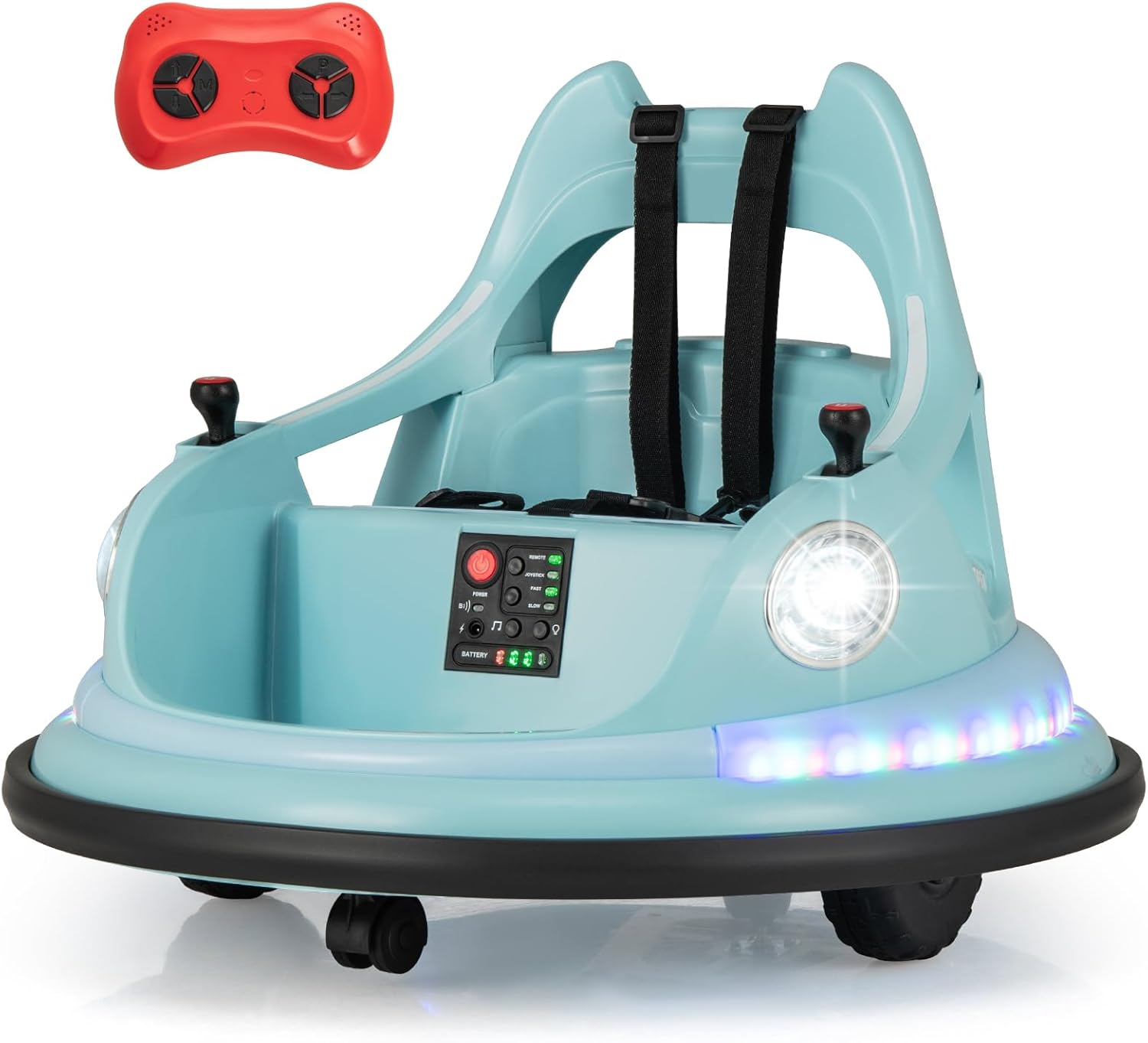 Costzon Bumper Car, 12V Electric Kids Ride on Bumping Car Toy W/Remote Control & Dual Joysticks, 360° Spin, Wireless Connection & 5 Light Effects & Music, Soft Bumper Cars for Toddlers, Gift (Blue)